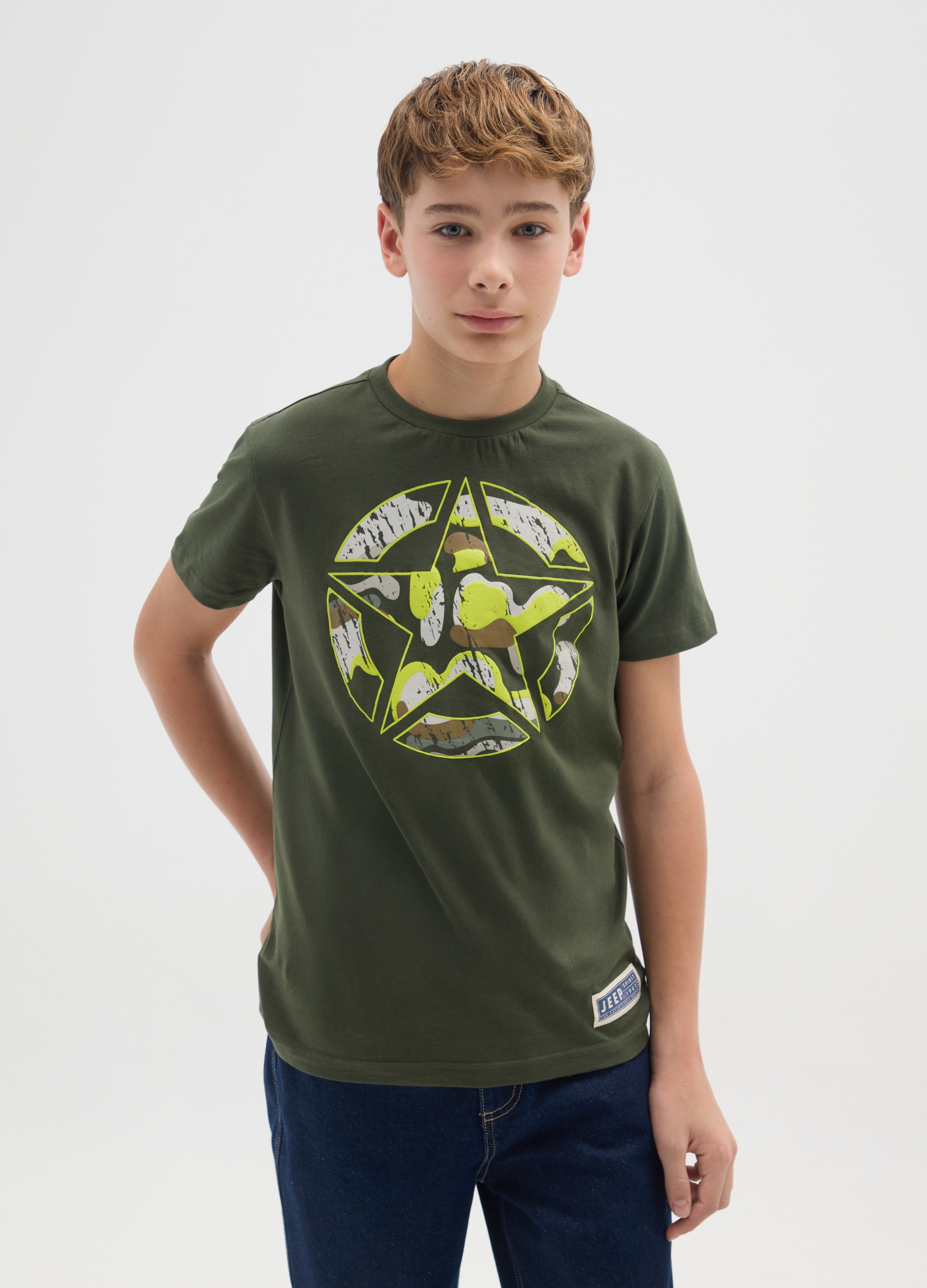 JEEP, T-shirt Da Bambino In Puro Cotone Verde Regular Fit, Verde, Taglia: 10-11