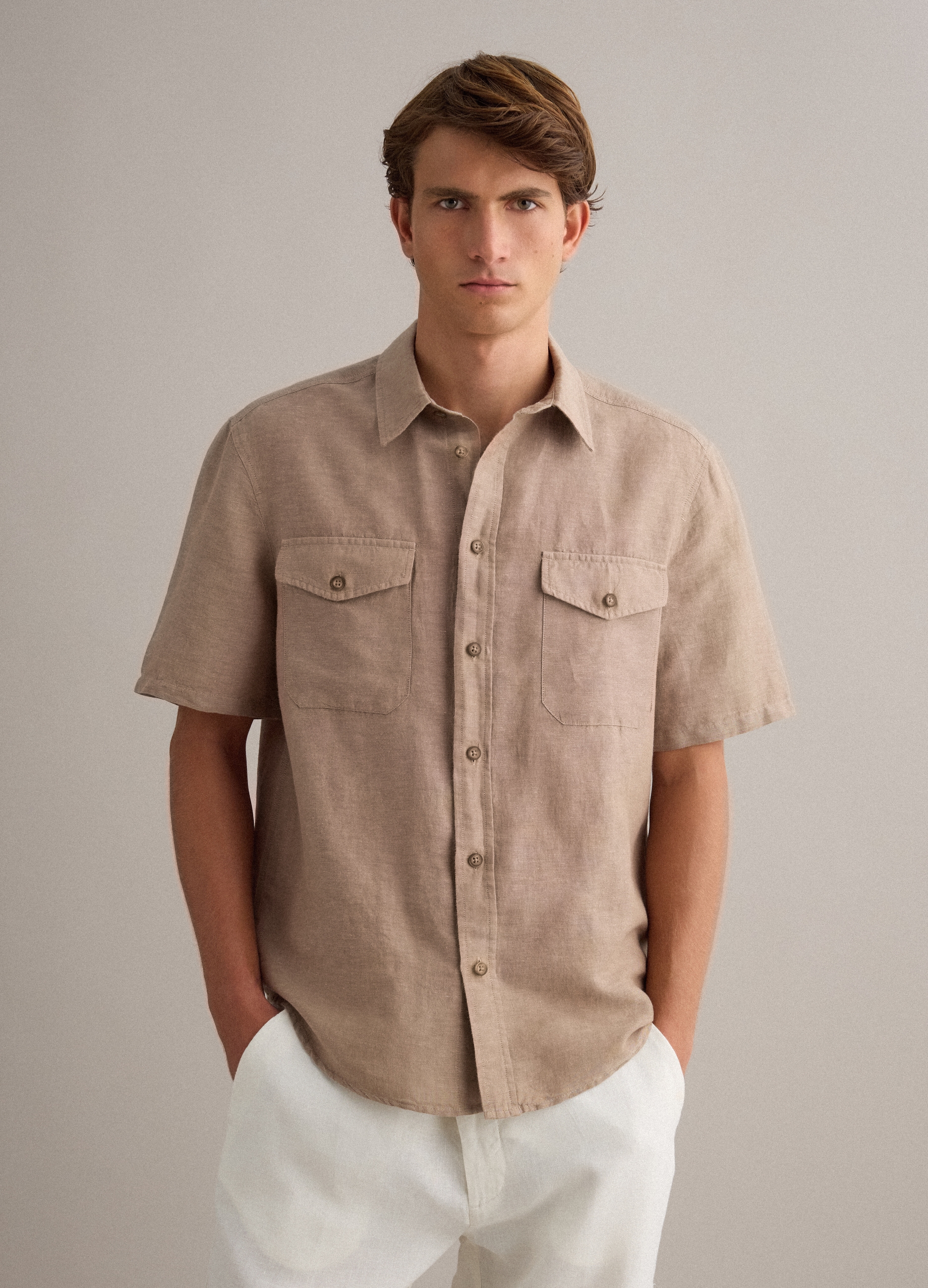 PIOMBO, Camisa Beige Regular Fit De Mezcla De Lino Y Algodón, Hombre, Beige, Talla: XXL