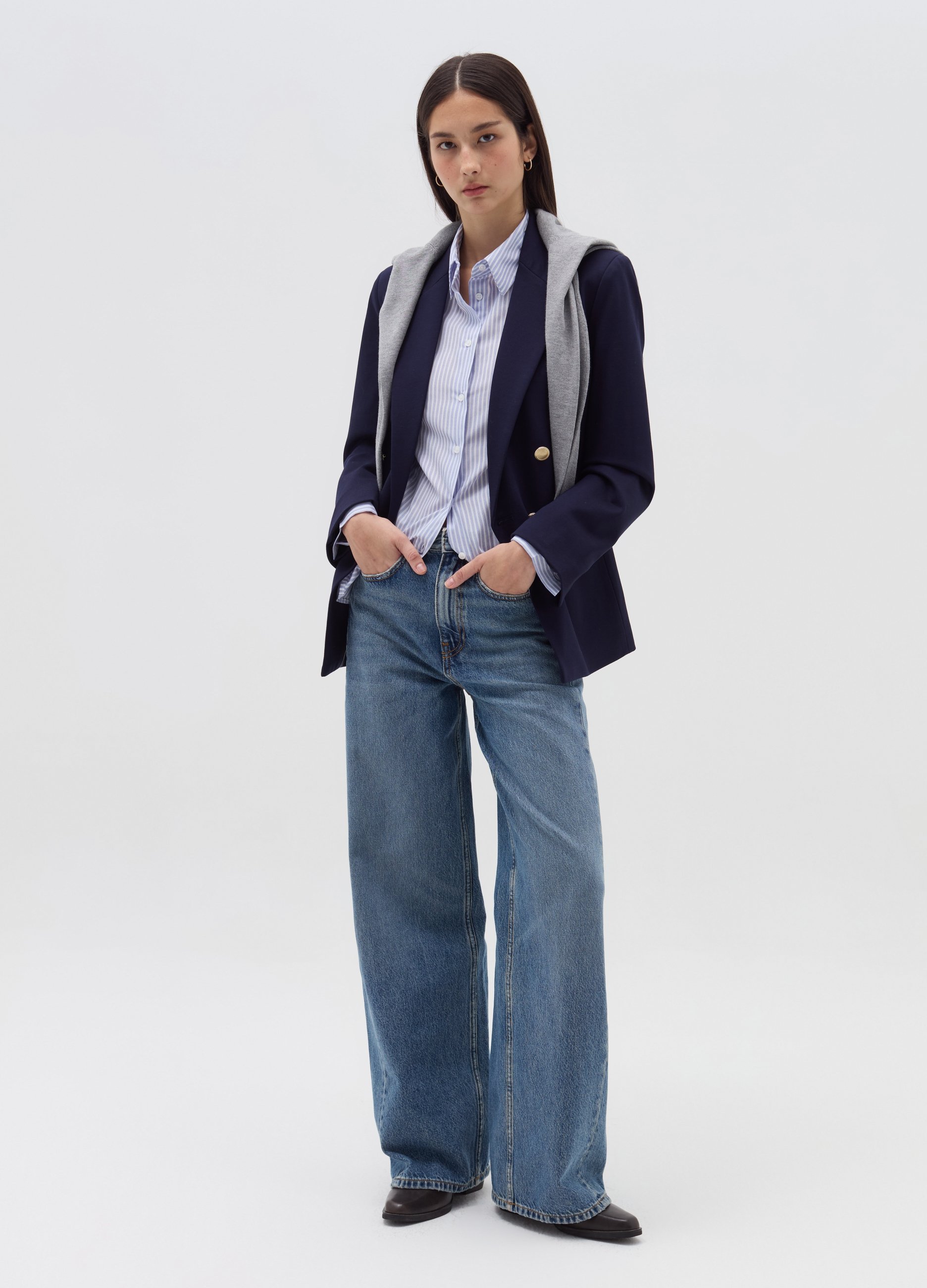 Blazer Cruzado Con Botones Dorados, Mujer, Azul marino, Talla: 40