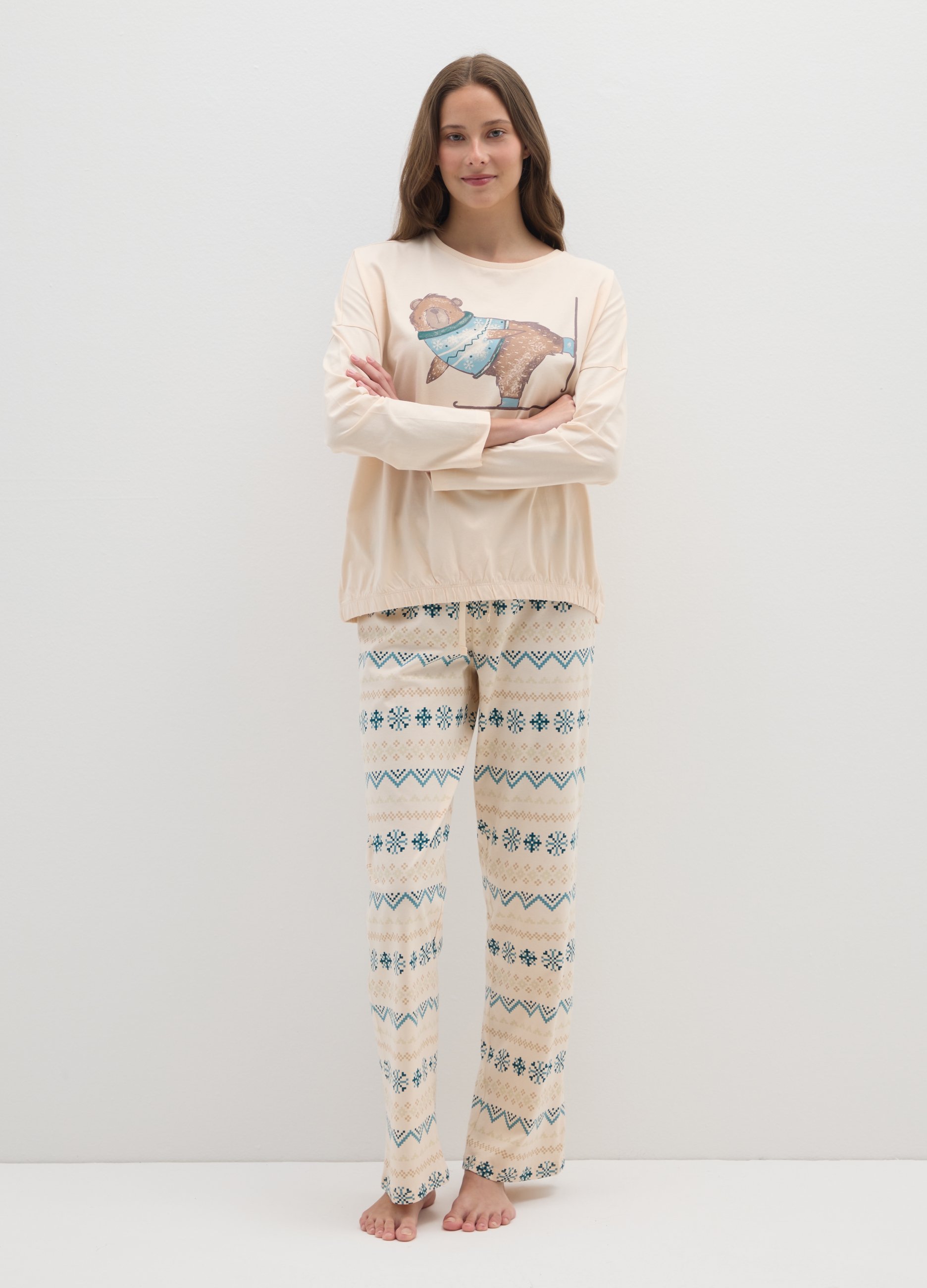 OVS, Pigiama Beige In Puro Cotone Regular Fit Con Stampe, Donna, Multicolor, Taglia: S