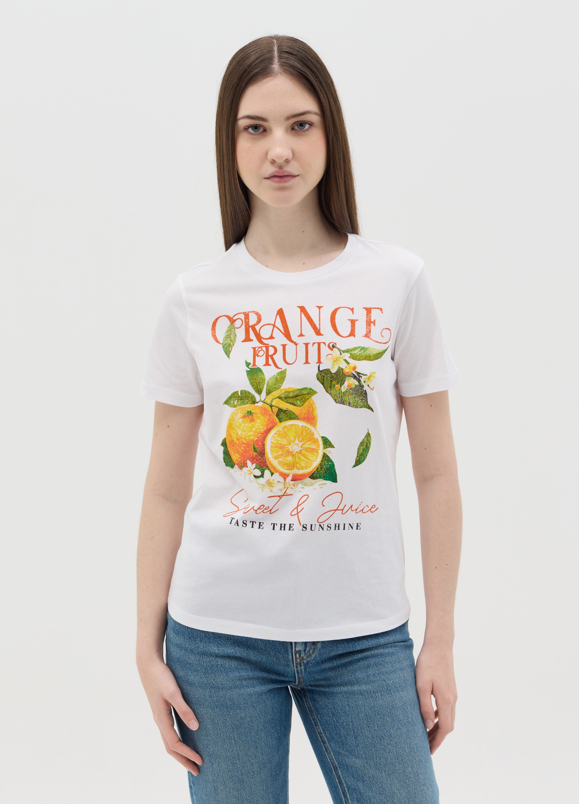 OVS , T-shirt Da Donna In Puro Cotone Bianca Regular Fit Con Stampa Frutta, Bianco, Taglia: S