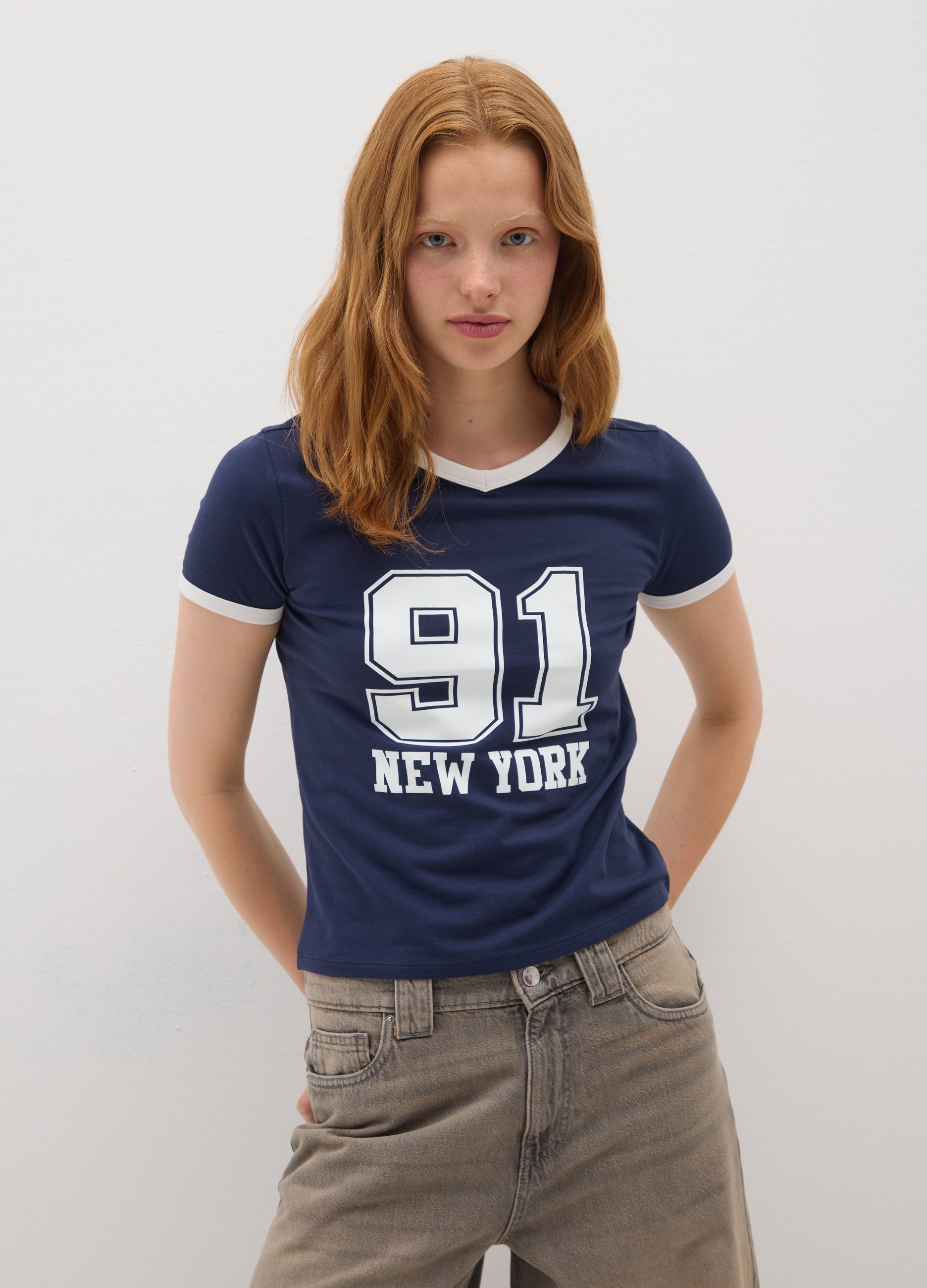 OVS, T-shirt In Cotone Elasticizzato Blu Regular Fit, Frau, Dunkelblau, Größe: 34