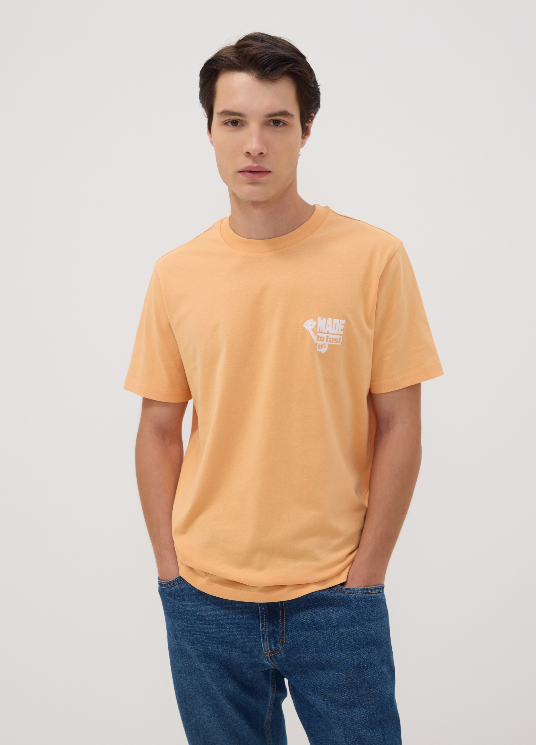 OVS, T-shirt Arancione In Puro Cotone Jersey Con Stampa Regular Fit, Uomo, Arancione, Taglia: S