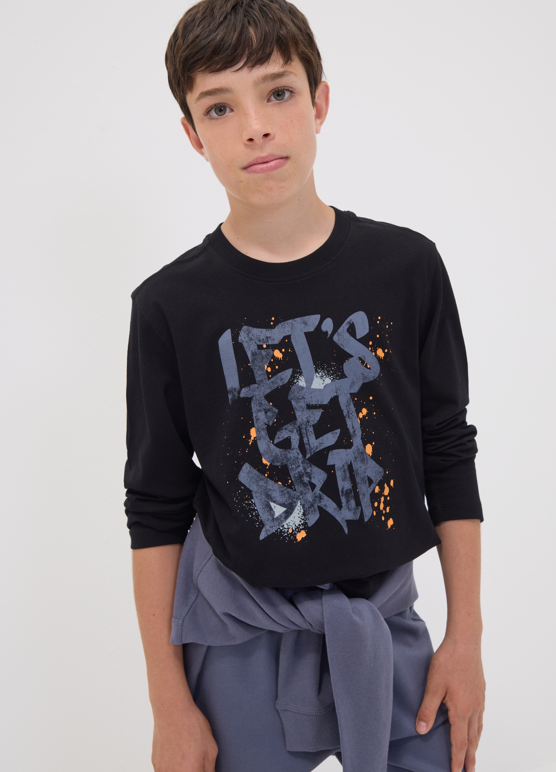 OVS KIDS, T-shirt Nera In Puro Cotone Organico Con Scritta "let's Get Drip" Per Ragazzo, Bambino, Nero, Taglia: 10-11