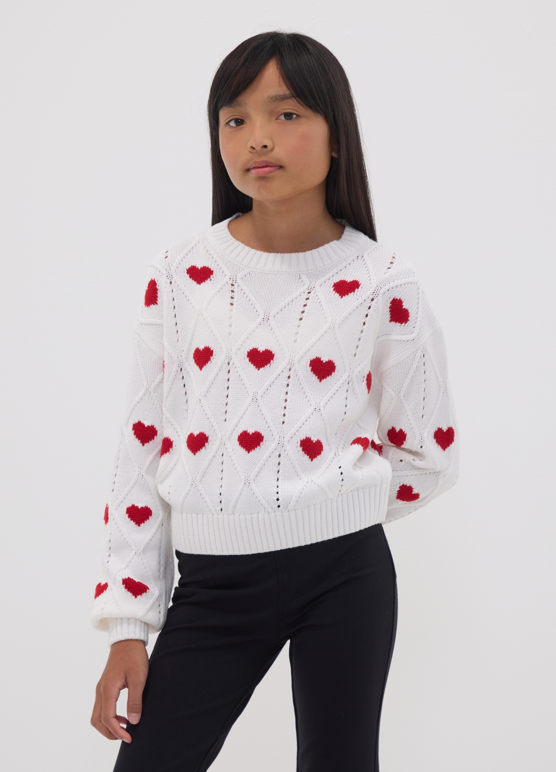 OVS KIDS, Maglia Bianca In Misto Cotone Con Motivo Traforato E Cuori Per Ragazza, Bambina, Bianco, Taglia: 11-12