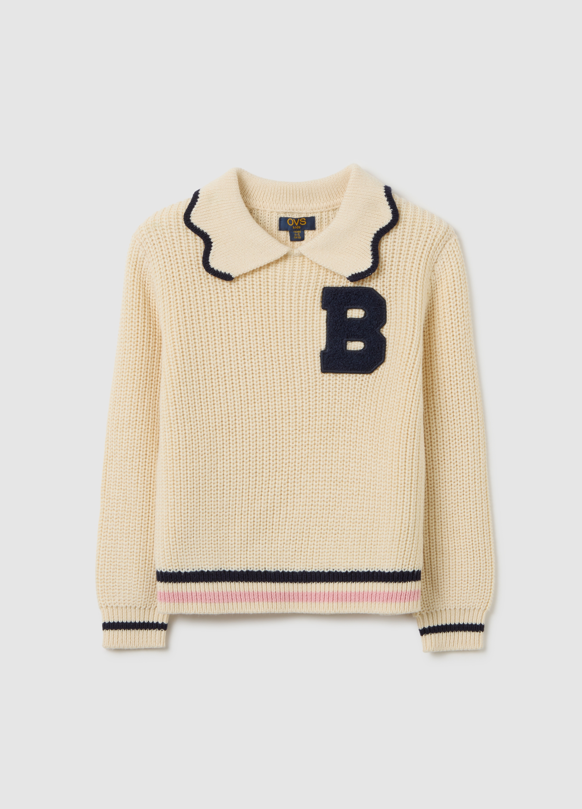OVS, Multifarbiger Mädchenpullover Aus Baumwollmischung, Reguläre Passform Mit Dekorativem Kragen, Mädchen, Schwarz/Beige, Größe: 3-4