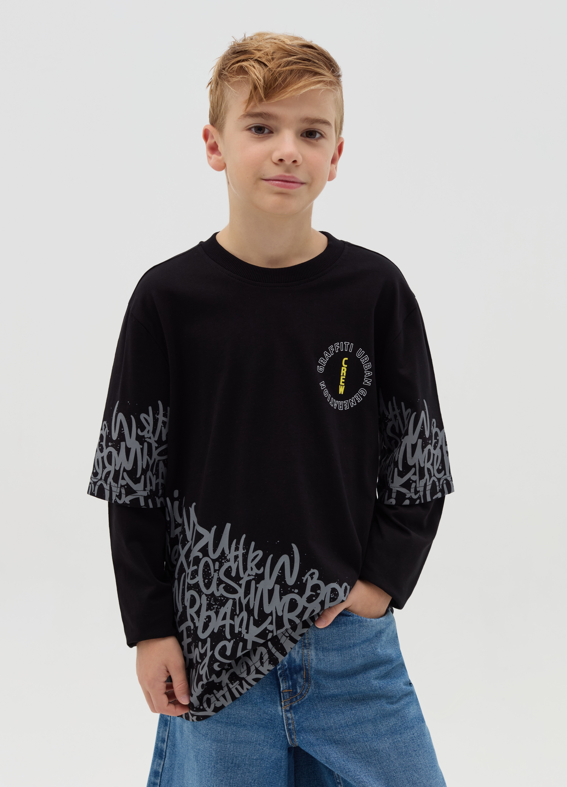 Camiseta De Manga Larga Con Estampado, Niño, Negro, Talla: 10-11