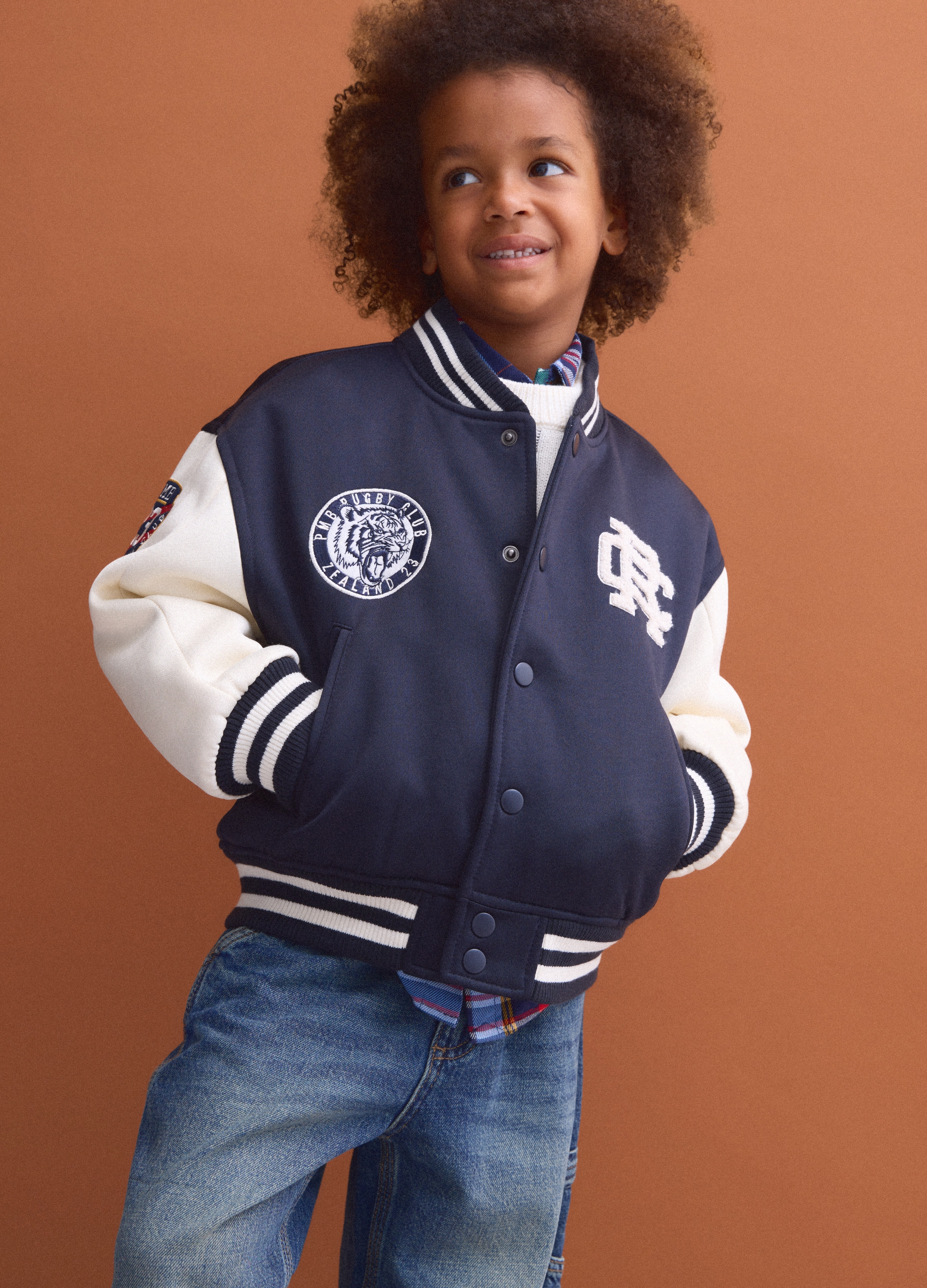PIOMBO KIDS, Giacca College Blu Con Maniche Beige E Stampa Per Bambino, Blu, Taglia: 8