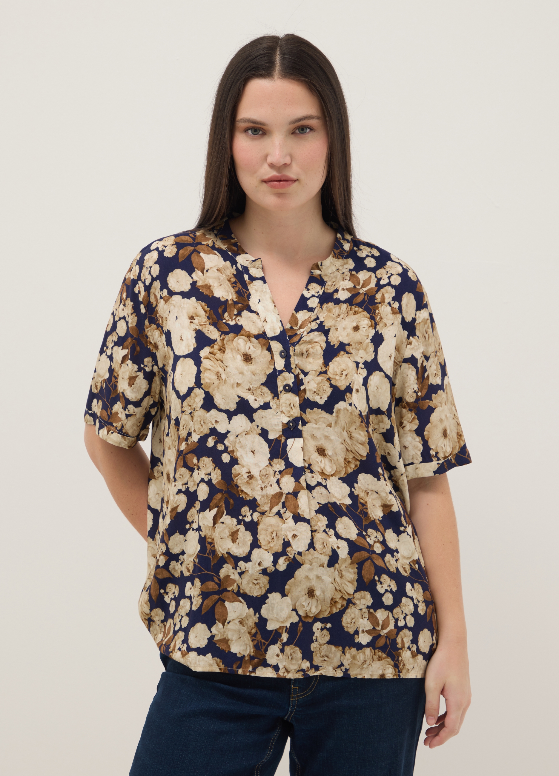 Camisa Multicolor De Pura Viscosa Diseño Floral Corte Regular, Mujer, Azul/beige, Talla: M