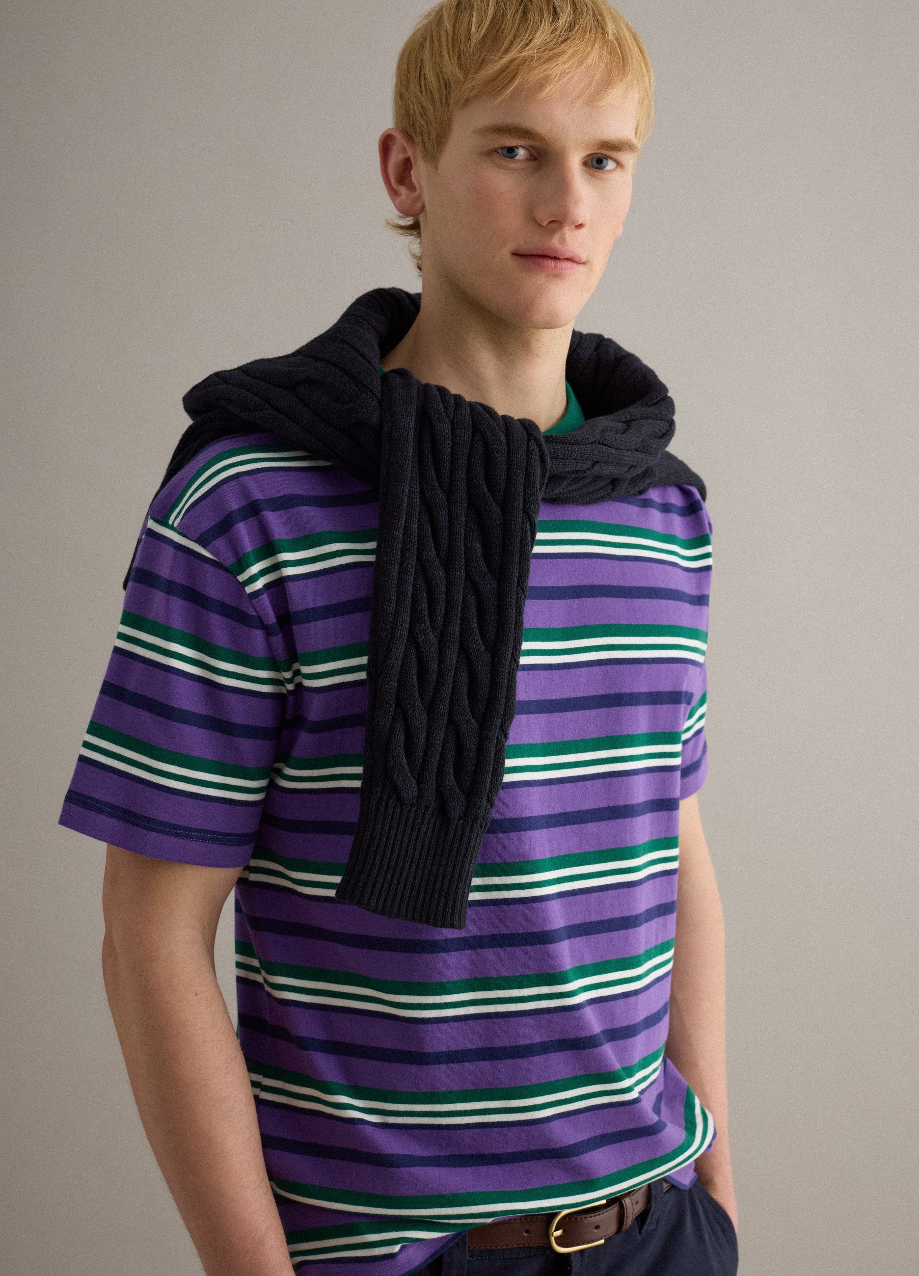 PIOMBO, Camiseta De Algodón Puro A Rayas Multicolor Ajuste Regular, Hombre, Verde/Morado, Talla: XXL