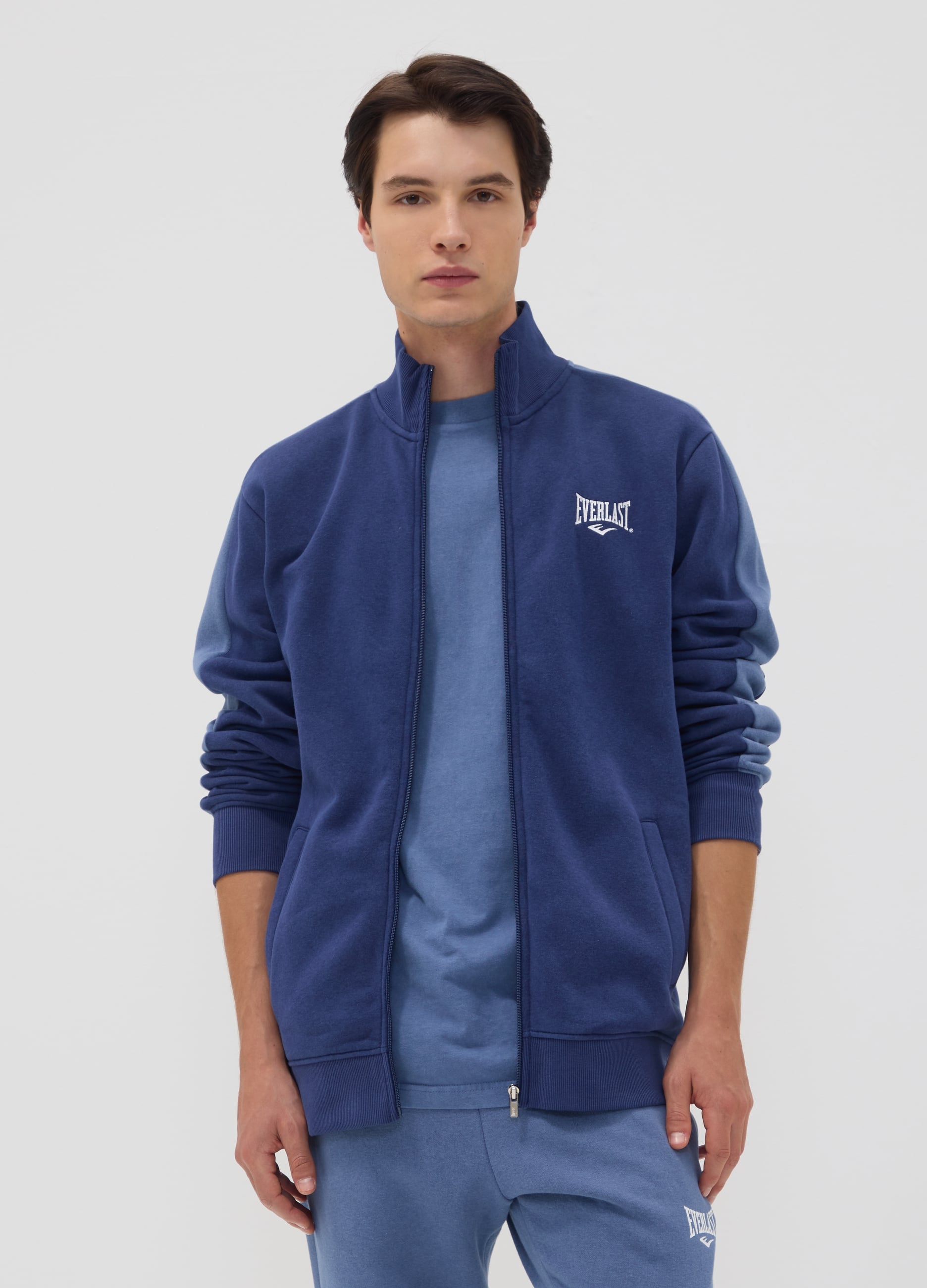 EVERLAST, Felpa Full Zip Blu In Misto Cotone Con Logo, Unisex, Blu, Taglia: S