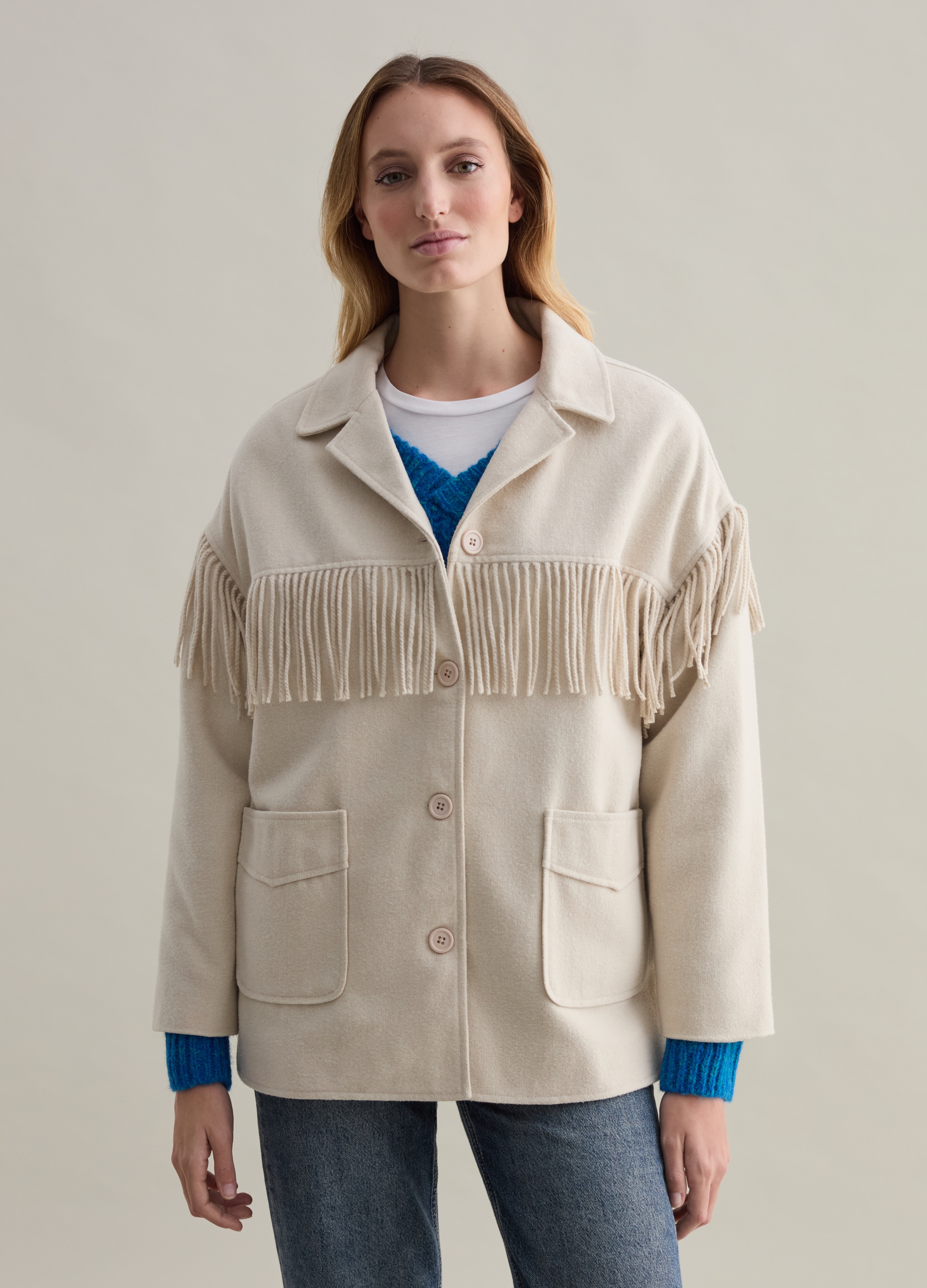 PIOMBO, Shacket Con Frange, Donna, Bianco, Taglia: M