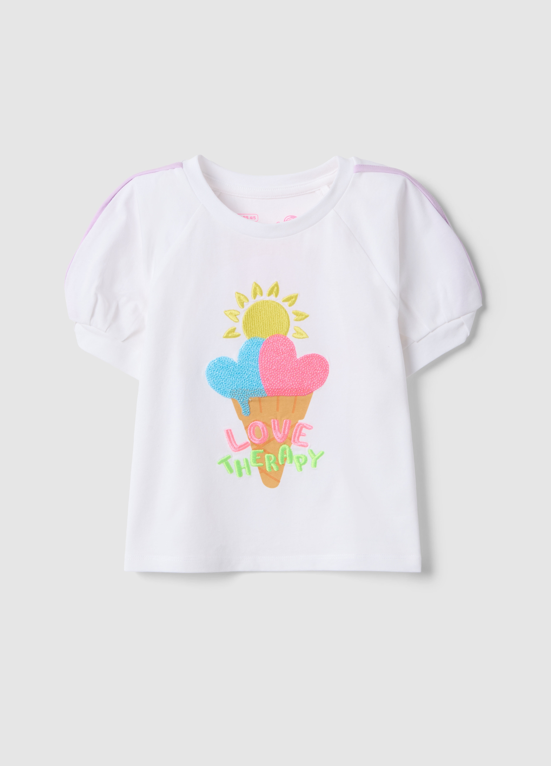 LOVE THERAPY, T-shirt In Cotone Elasticizzato Bianca Da Bambina Con Stampa Gelato, Niña, Blanco óptico, Talla: 4-5