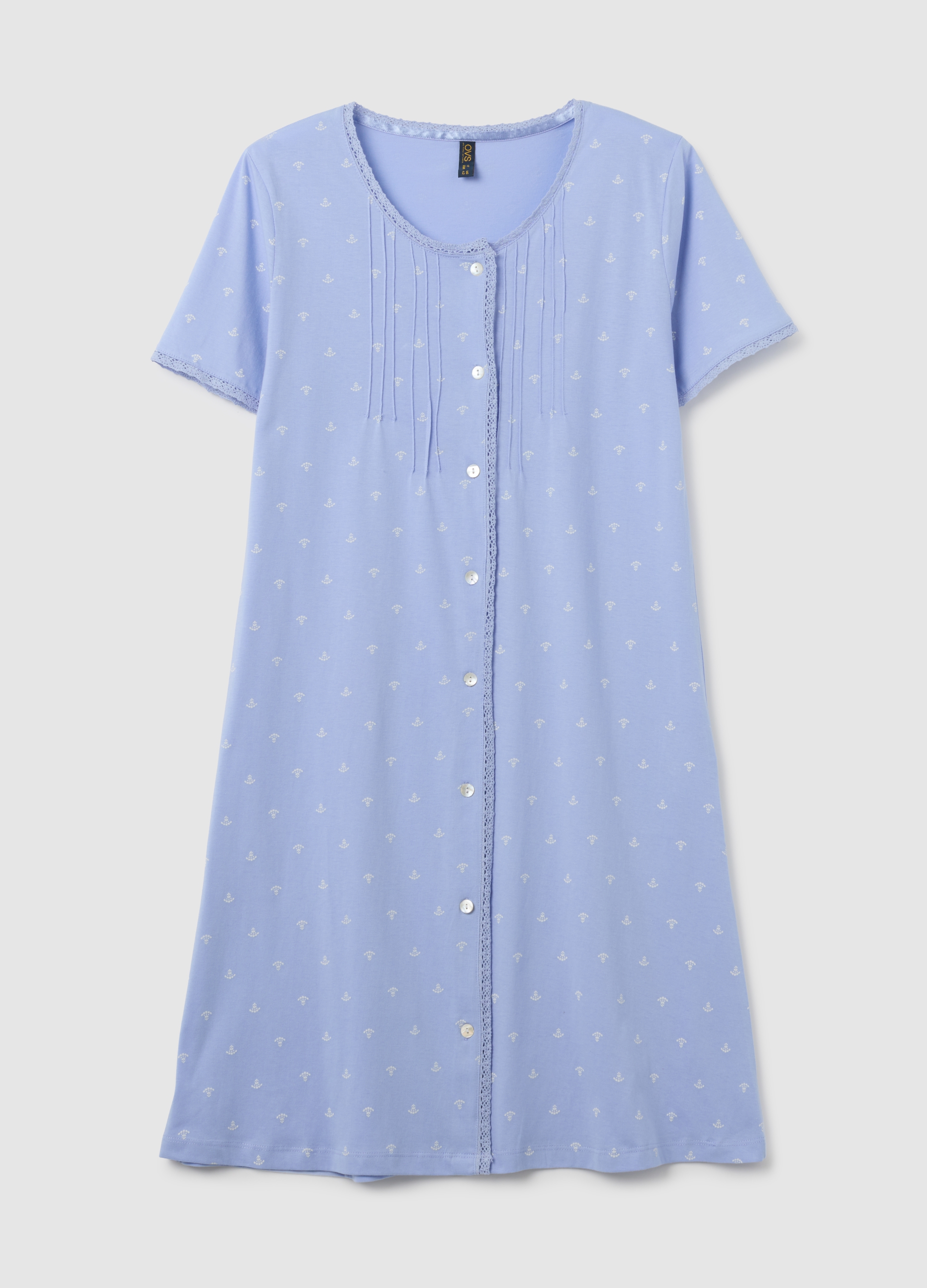OVS, Camicia Da Notte In Puro Cotone Azzurro Con Micro Fantasia, Donna, Azzurro, Taglia: 44