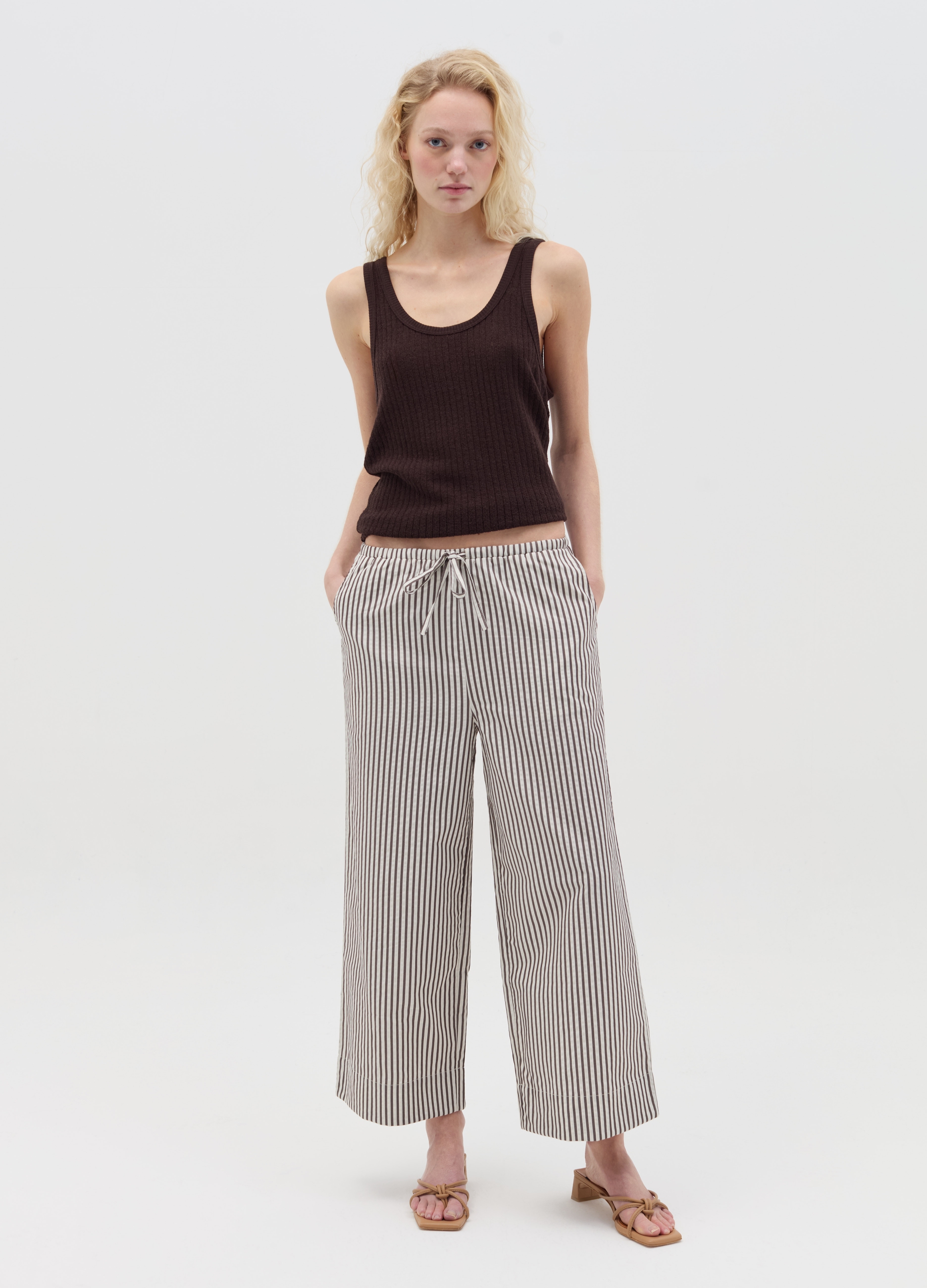 OVS , Pantalone A Gamba Larga A Righe Bianche E Marroni, Donna, Multicolor, Taglia: XS