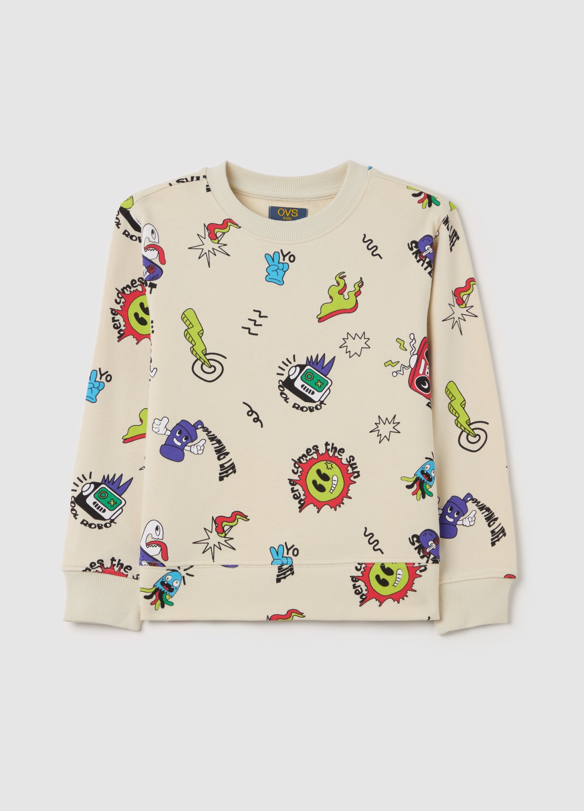 Sudadera De Tejido Rizado Con Estampado Estilo Grafitis, Niño, Beige Claro, Talla: 5-6