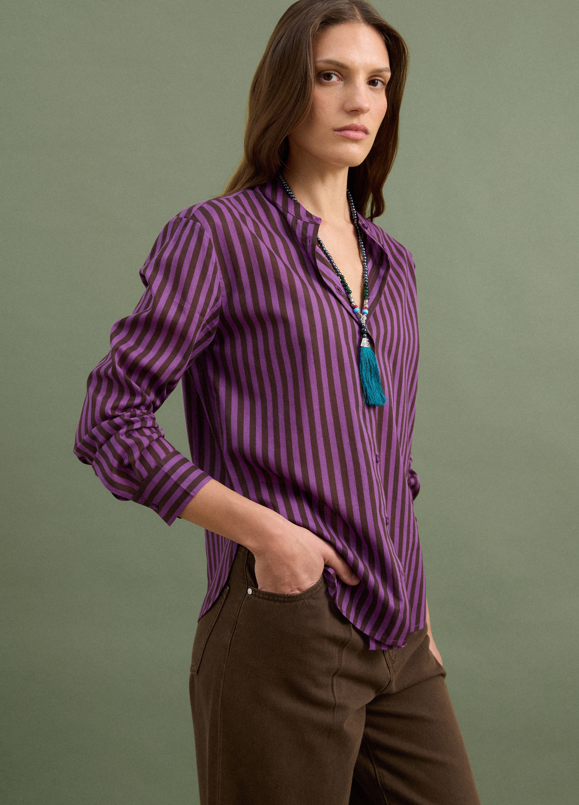 PIOMBO , Camicia Viola In Puro Cotone A Righe Con Collo Alla Coreana Regular Fit, Donna, Viola, Taglia: 44