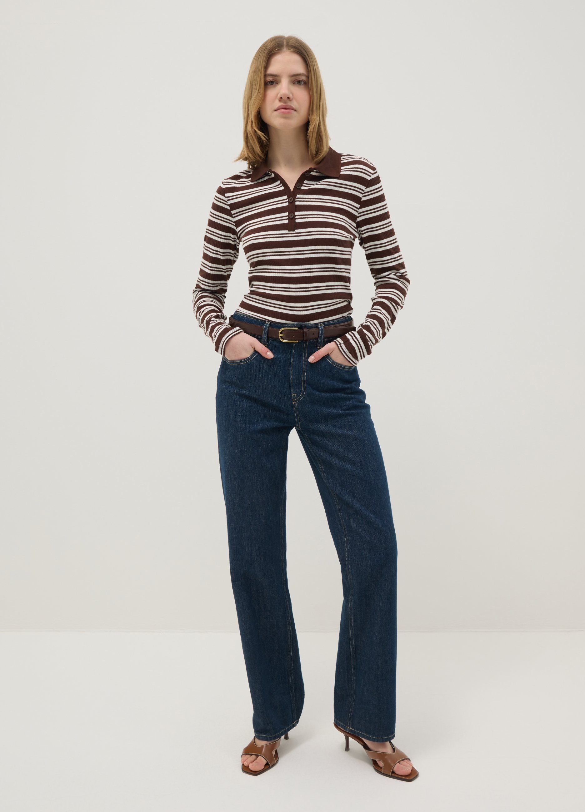 Polo De Algodón Elástico A Rayas Multicolores Regular Fit, Mujer, Blanco/marrón, Talla: 38