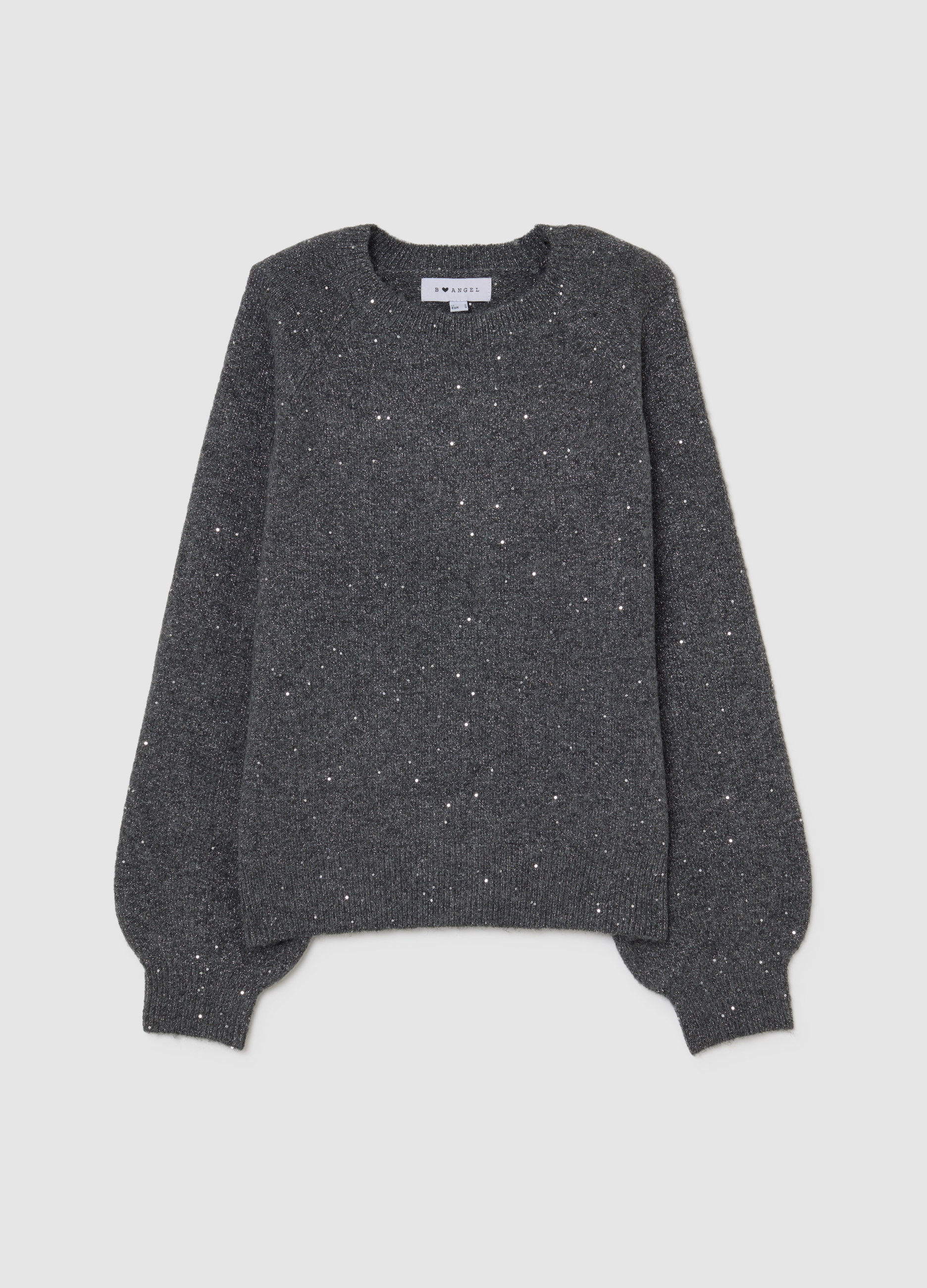 B.ANGEL, Maglione Grigio Vestibilità Over Con Scollo Rotondo, Mujer, Gris oscuro jaspeado, Talla: 38