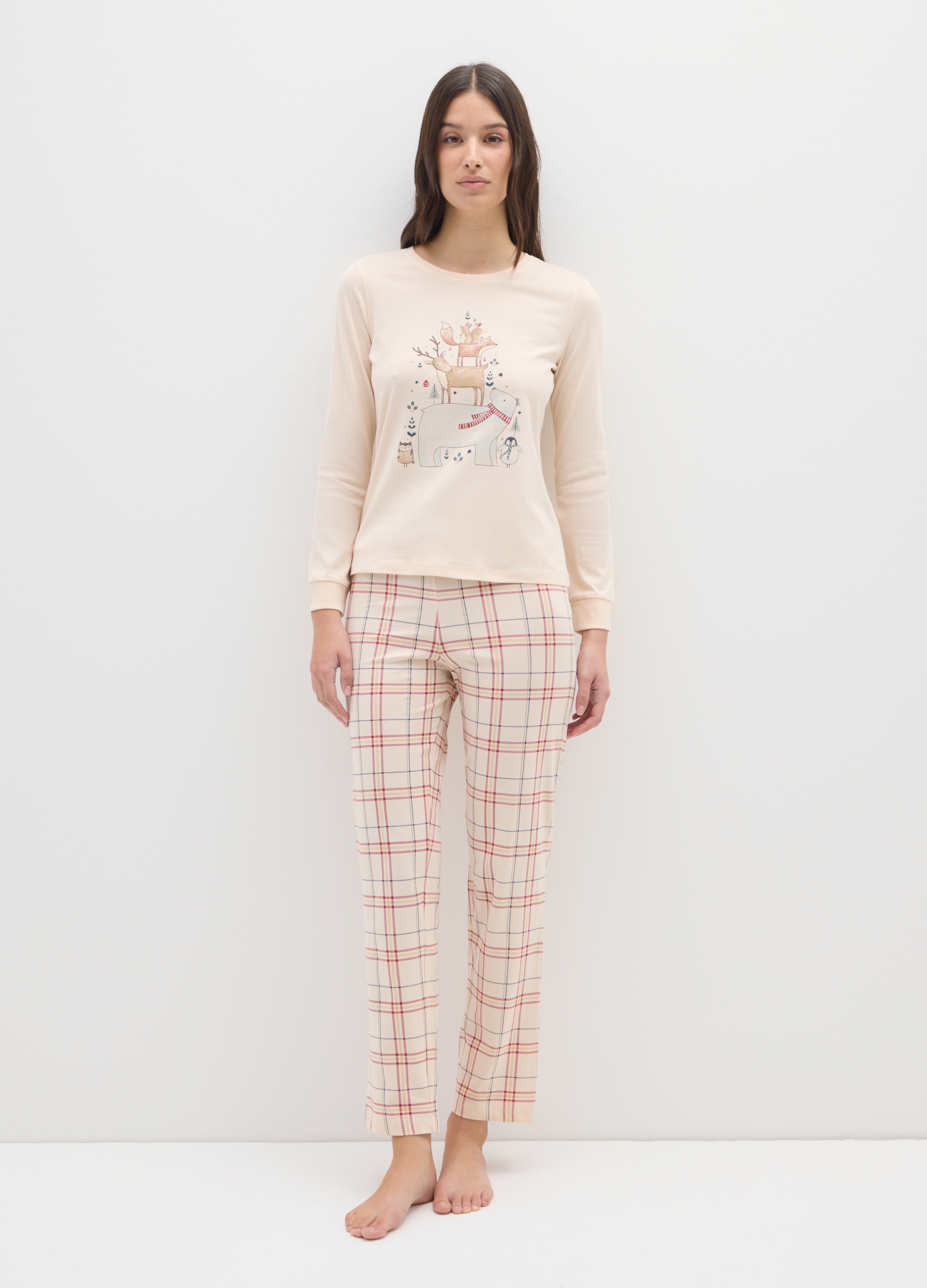 Pijama De Cuadros Multicolor En Puro Algodón Ajuste Regular Con Estampado, Mujer, Rosa/Rojo, Talla: L