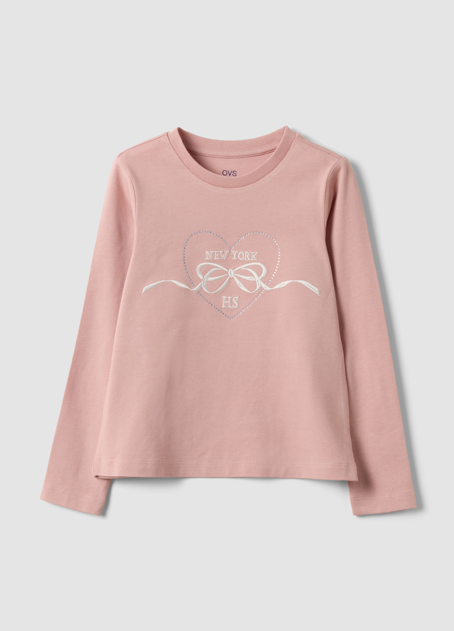 OVS KIDS, T-shirt Rosa In Cotone Elasticizzato Con Ricamo Fiocco Per Bambina, Rosa, Taglia: 7-8