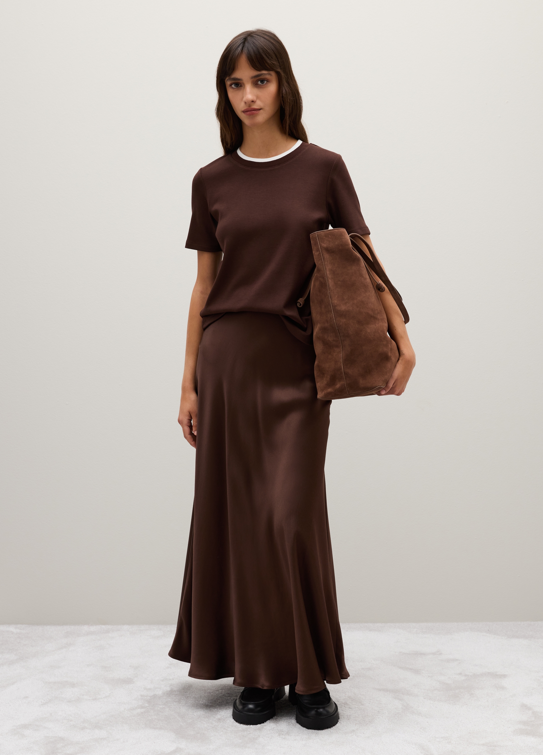 Camiseta Negra Corte Regular, Mujer, Blanco/marrón, Talla: 38