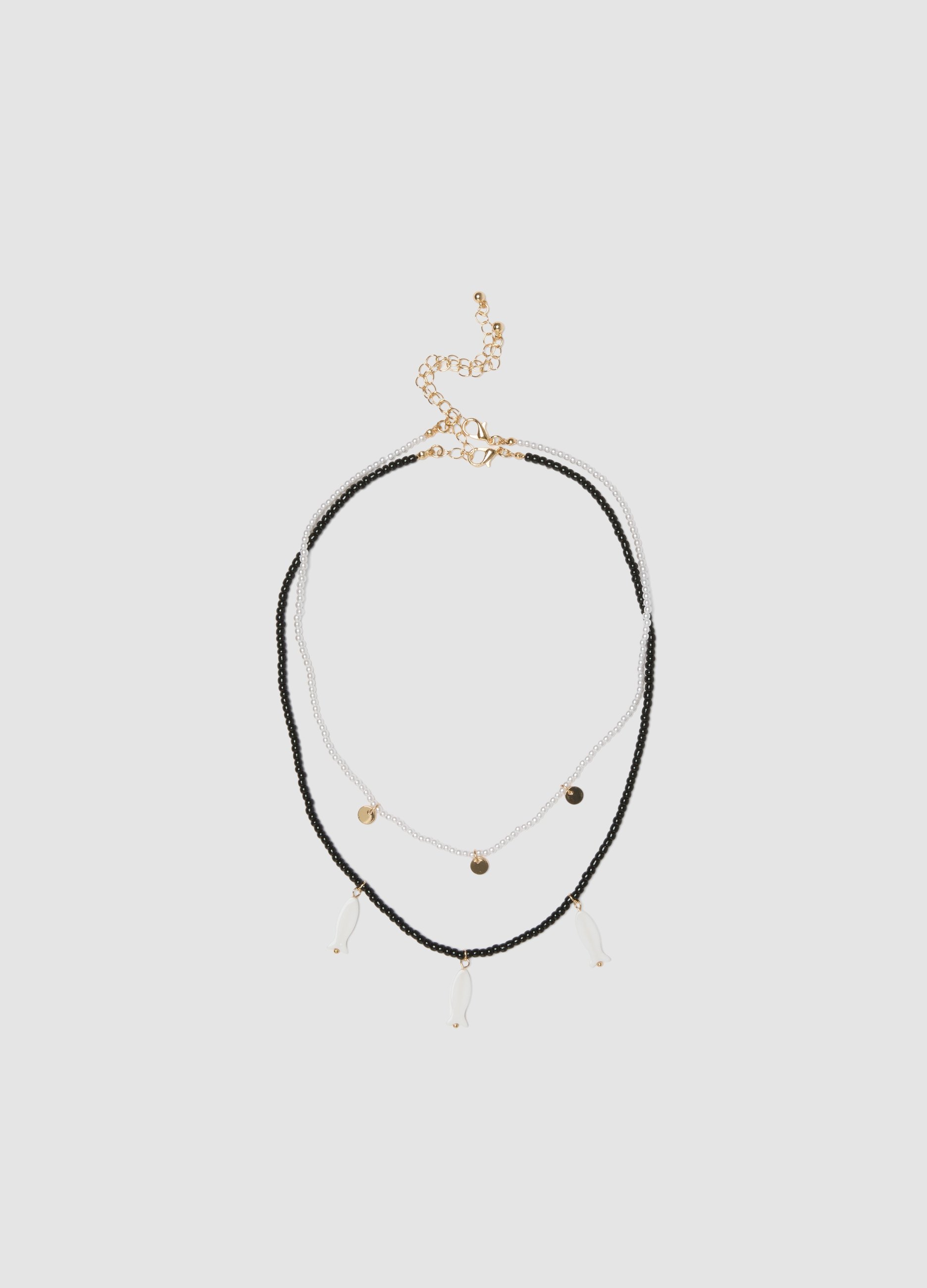 Collar De Doble Vuelta Con Cuentas Y Charms, Mujer, Negro/Blanco, Talla: FASUL