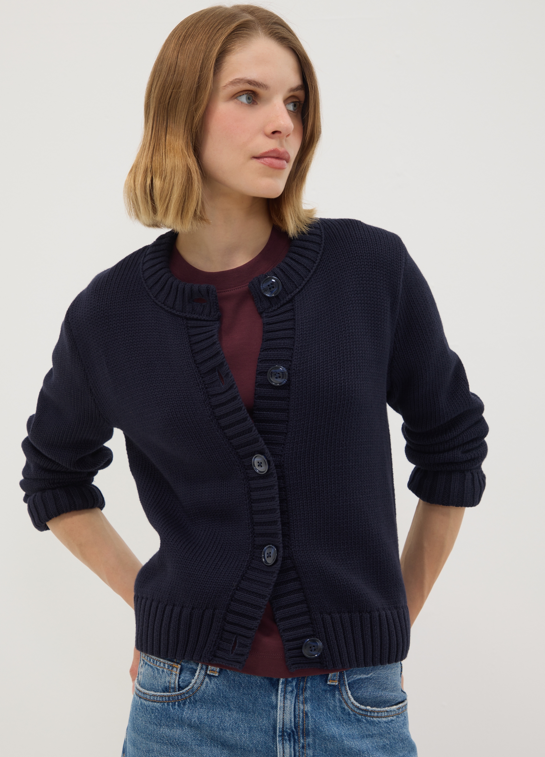 OVS, Cardigan Blu In Puro Cotone Con Girocollo E Bottoni Regular Fit, Donna, Blu, Taglia: L