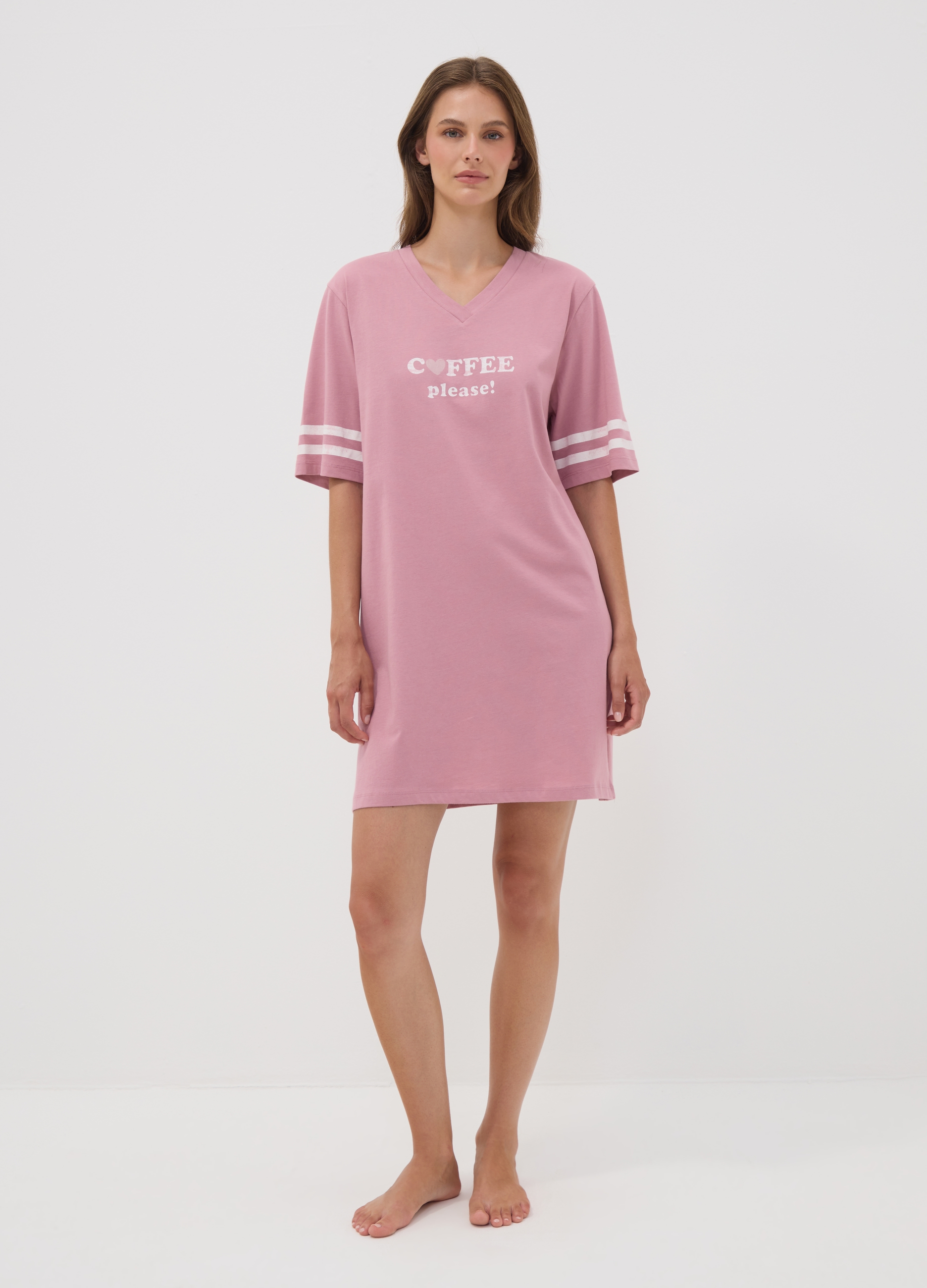 OVS, Camicia Da Notte Rosa In Puro Cotone Organico Con Scollo A V Con Stampa, Donna, Rosa, Taglia: L