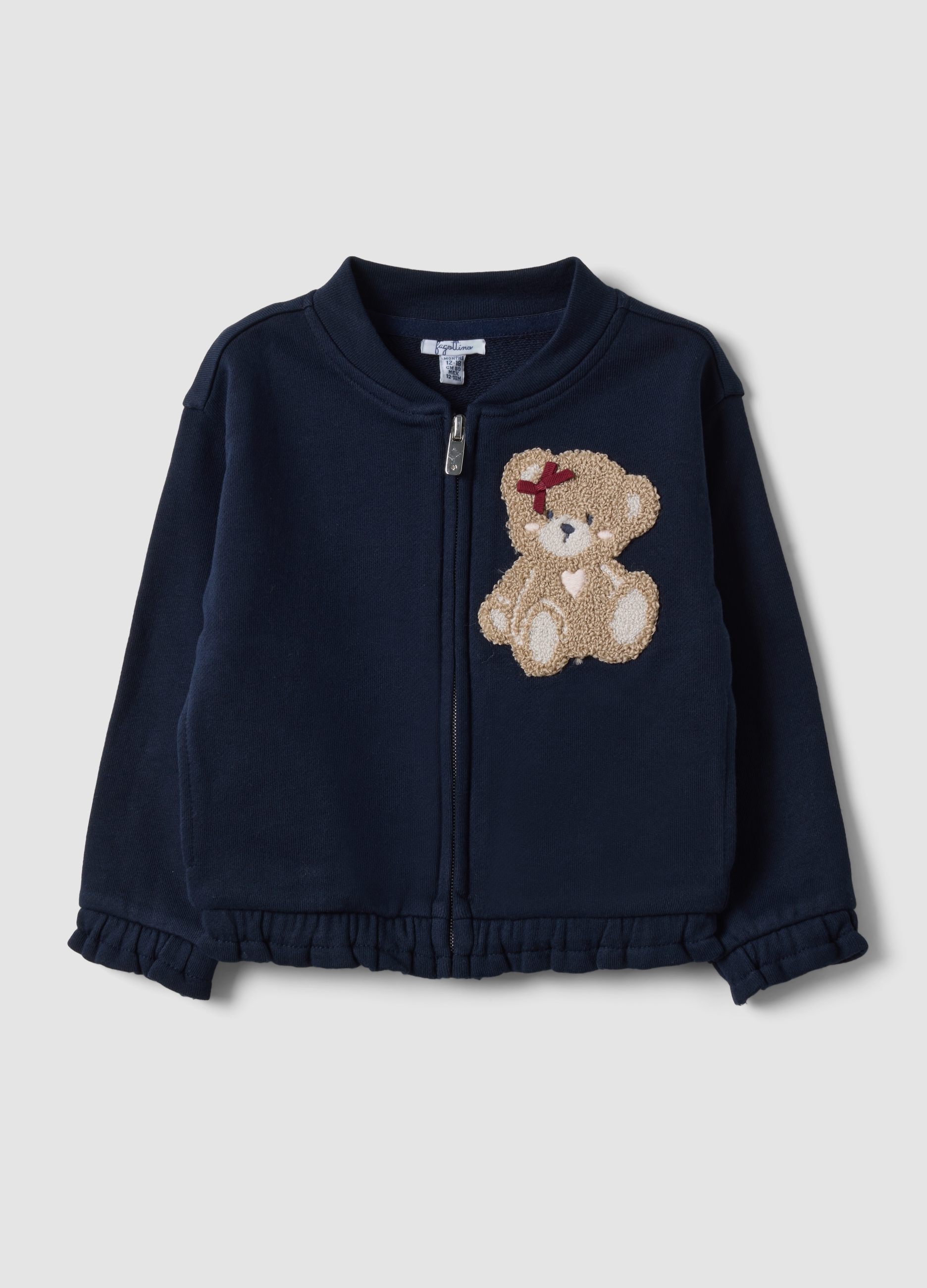 FAGOTTINO, Felpa Blu In Puro Cotone Con Girocollo E Zip E Orsetto Per Bimba, Bambina, Blu, Taglia: 18-24