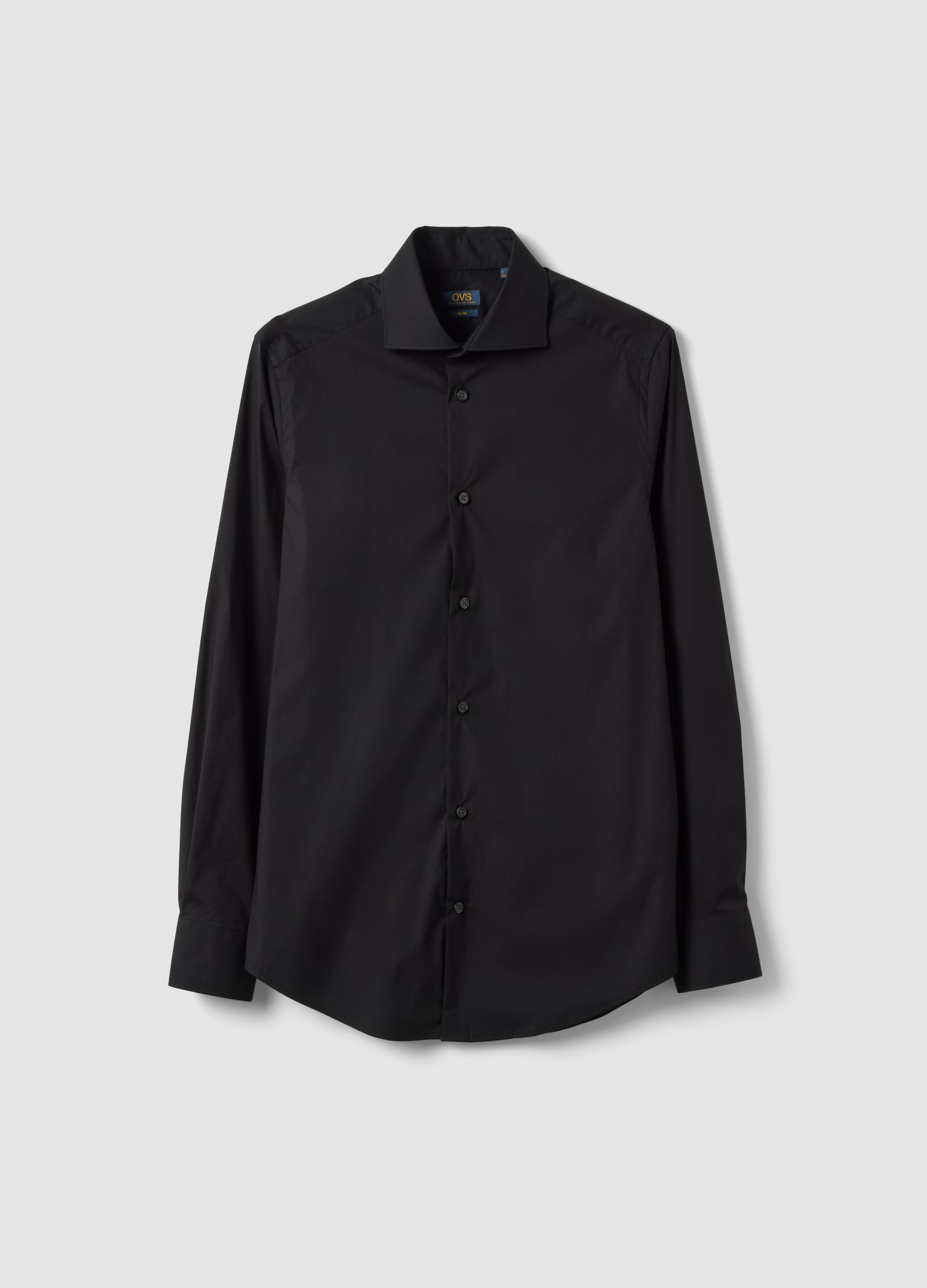 OVS, Camicia Nera In Popeline Di Cotone Elasticizzato Slim Fit, Uomo, Nero, Taglia: 43
