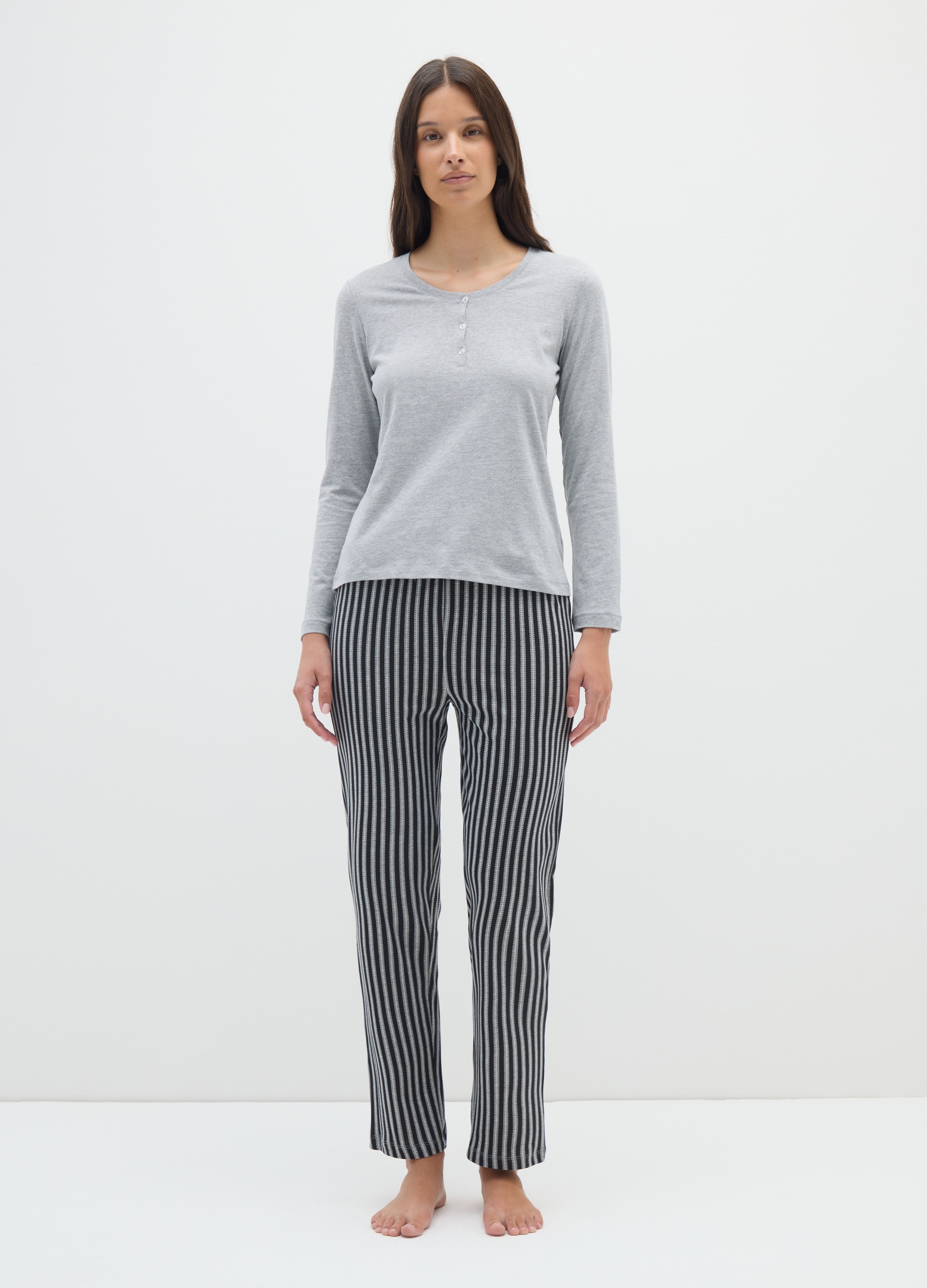 Pijama De Mezcla De Algodón Con Rayas Multicolores, Mujer, Grey/Black, Talla: M