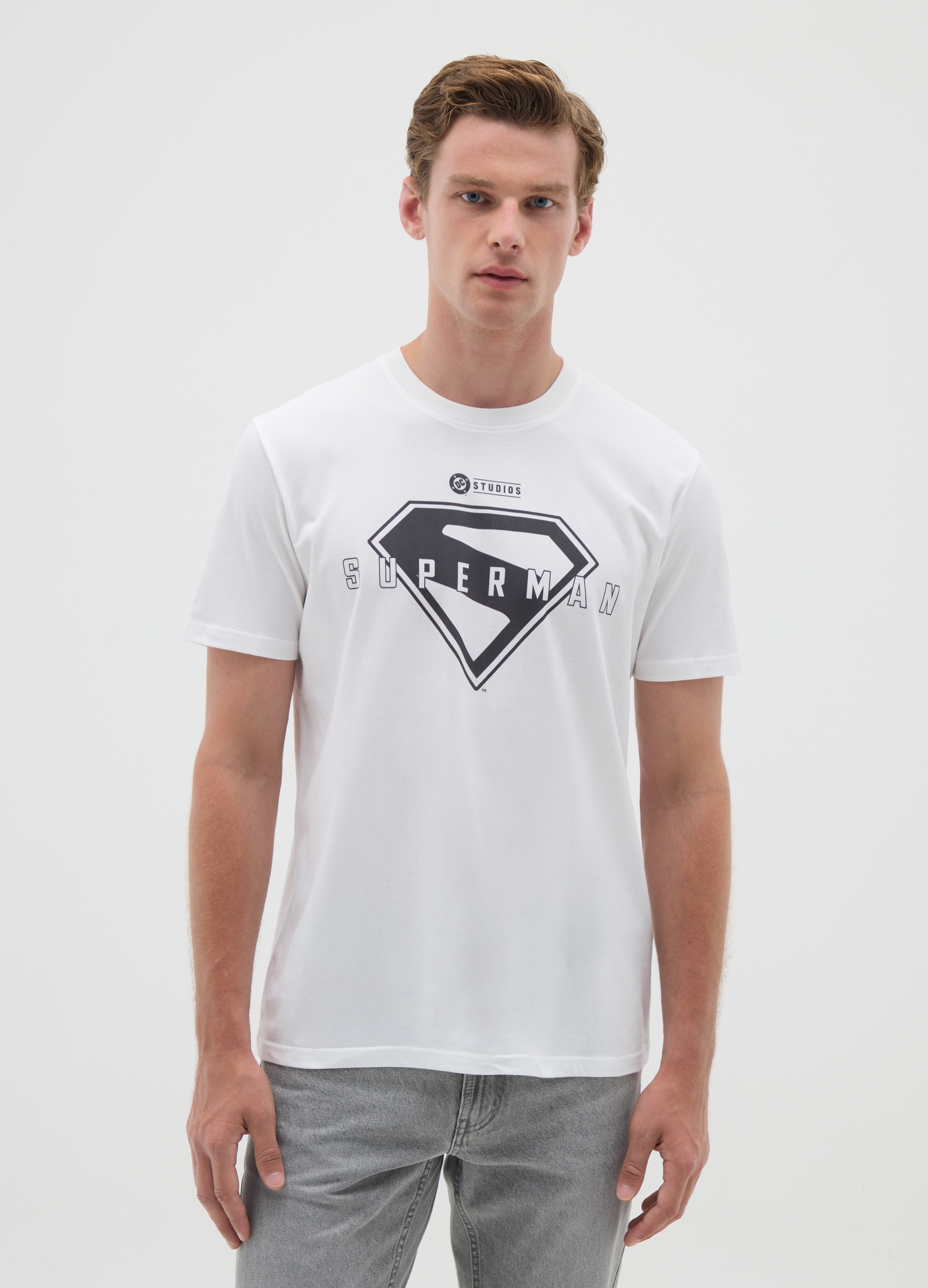 WARNER BROS, T-shirt Da Uomo In Puro Cotone Bianca Con Logo Superman, Bianco, Taglia: M