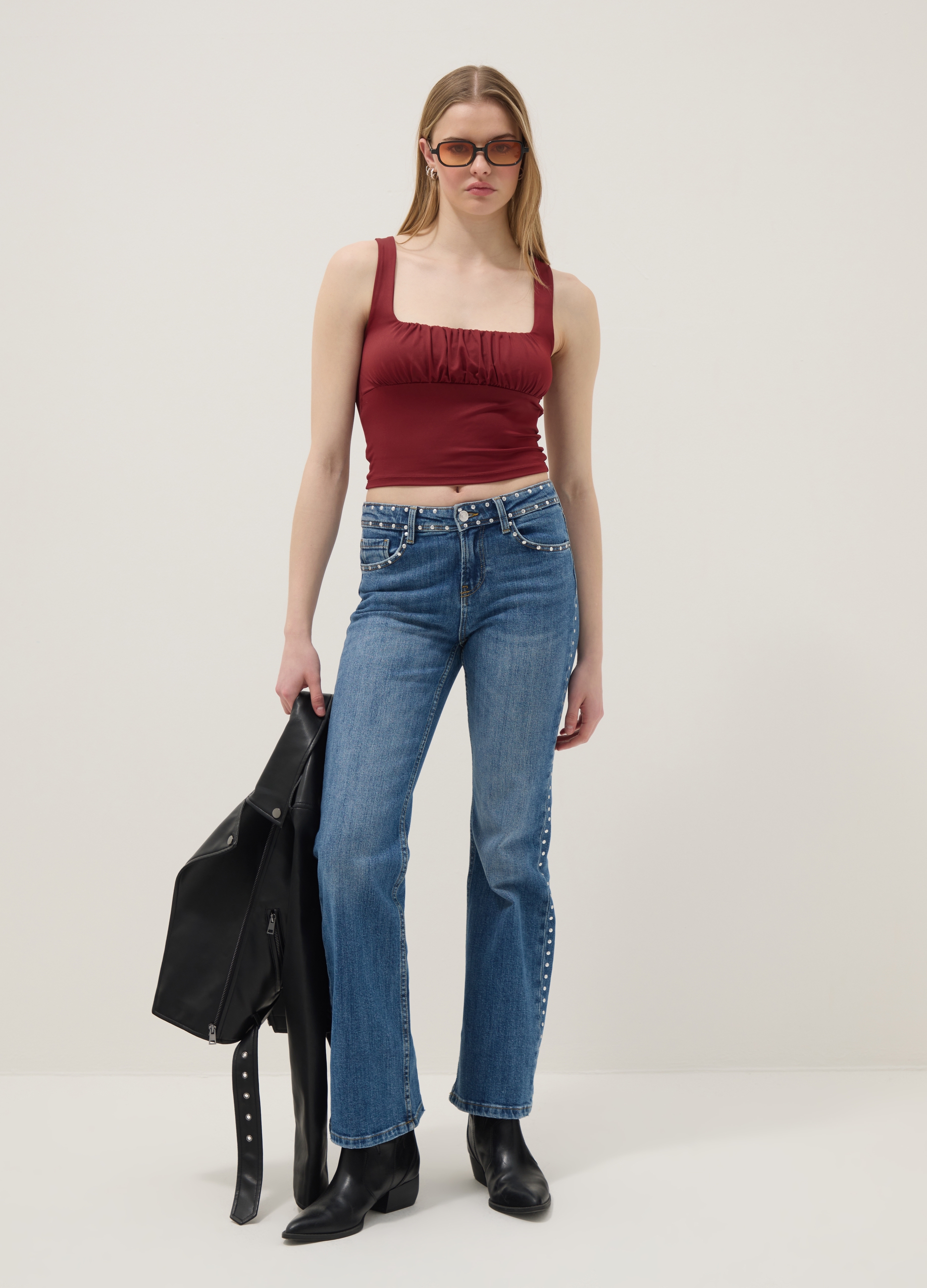 B.ANGEL, Tank Top In Tessuto Elasticizzato Rosso Regular Fit Con Pieghe, Mujer, Rojo Oscuro, Talla: 38