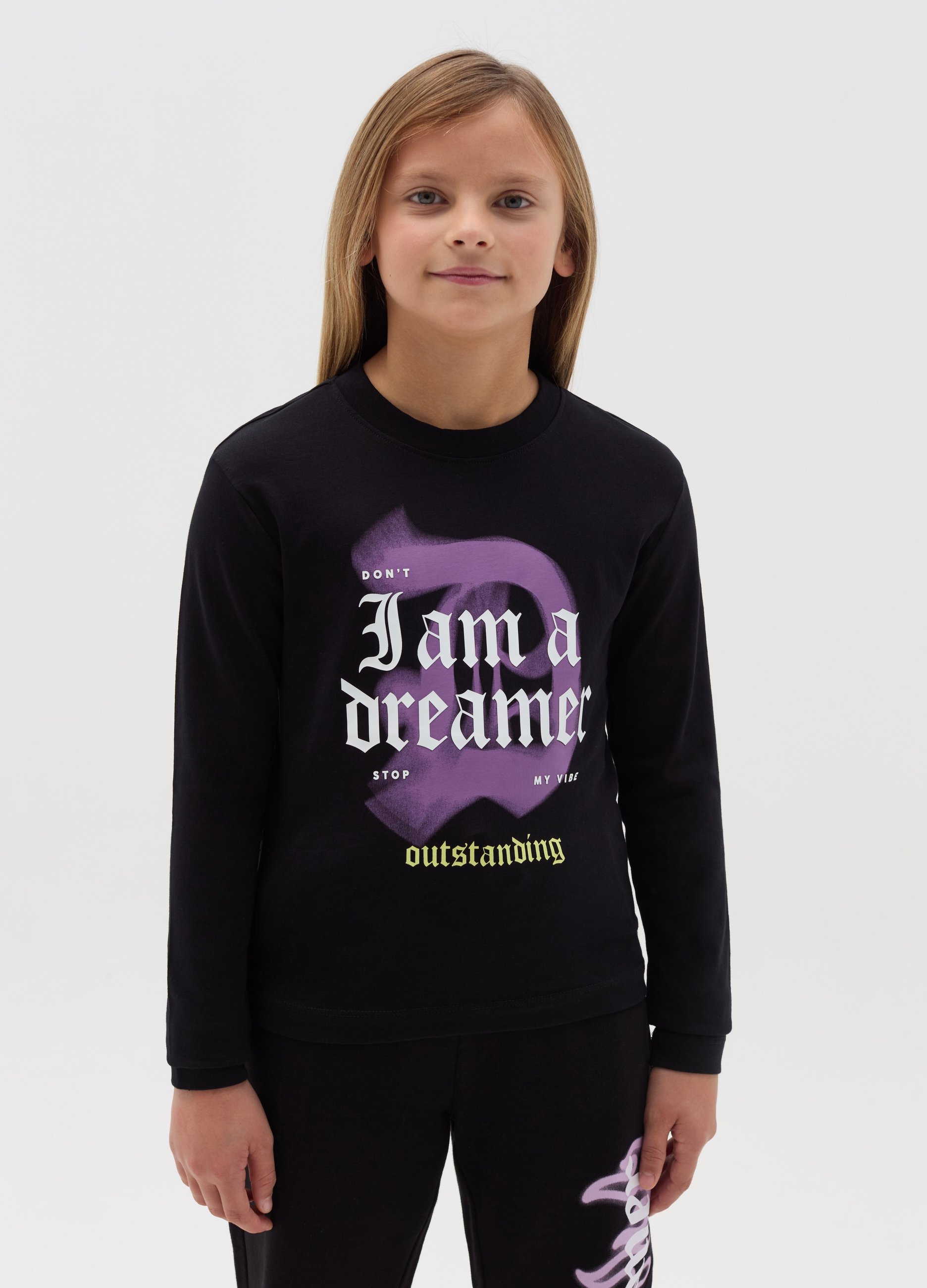 OVS KIDS, Camiseta De Manga Larga Con Estampado, Niña, Negro, Talla: 11-12