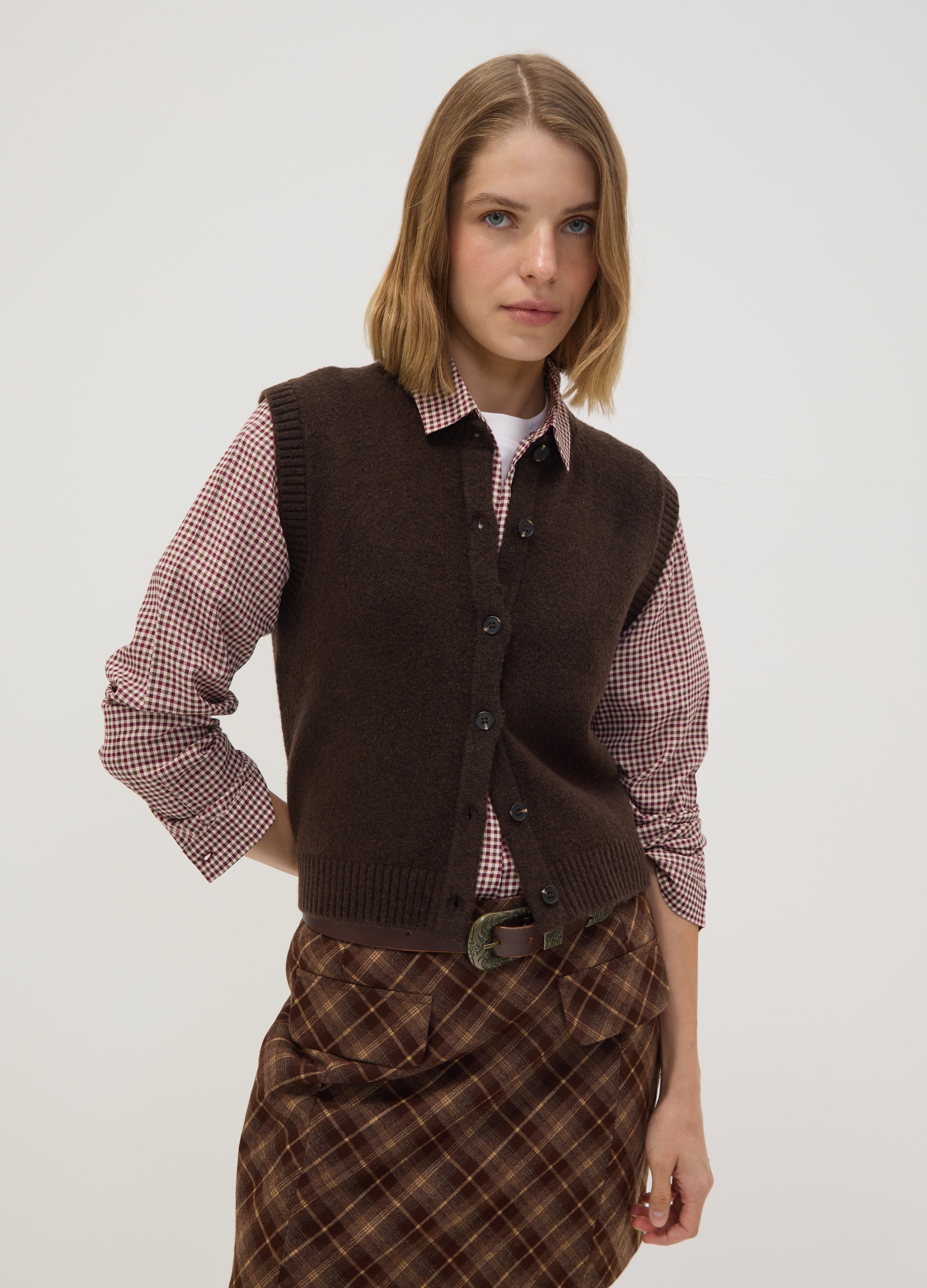 OVS, Gilet Marrone In Lana Elasticizzata A Girocollo, Donna, Marrone, Taglia: L