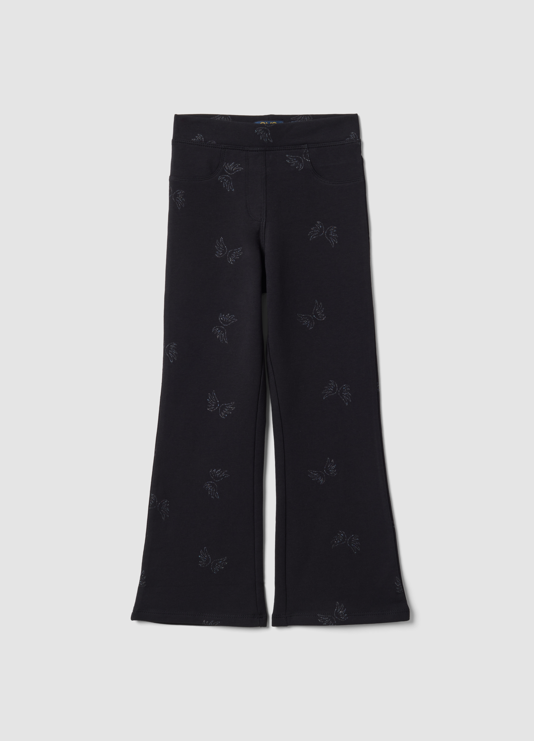 OVS KIDS, Treggings Flare Neri In Cotone Organico Elasticizzato Con Ali Glitterate, Bambina, Nero, Taglia: 6-7