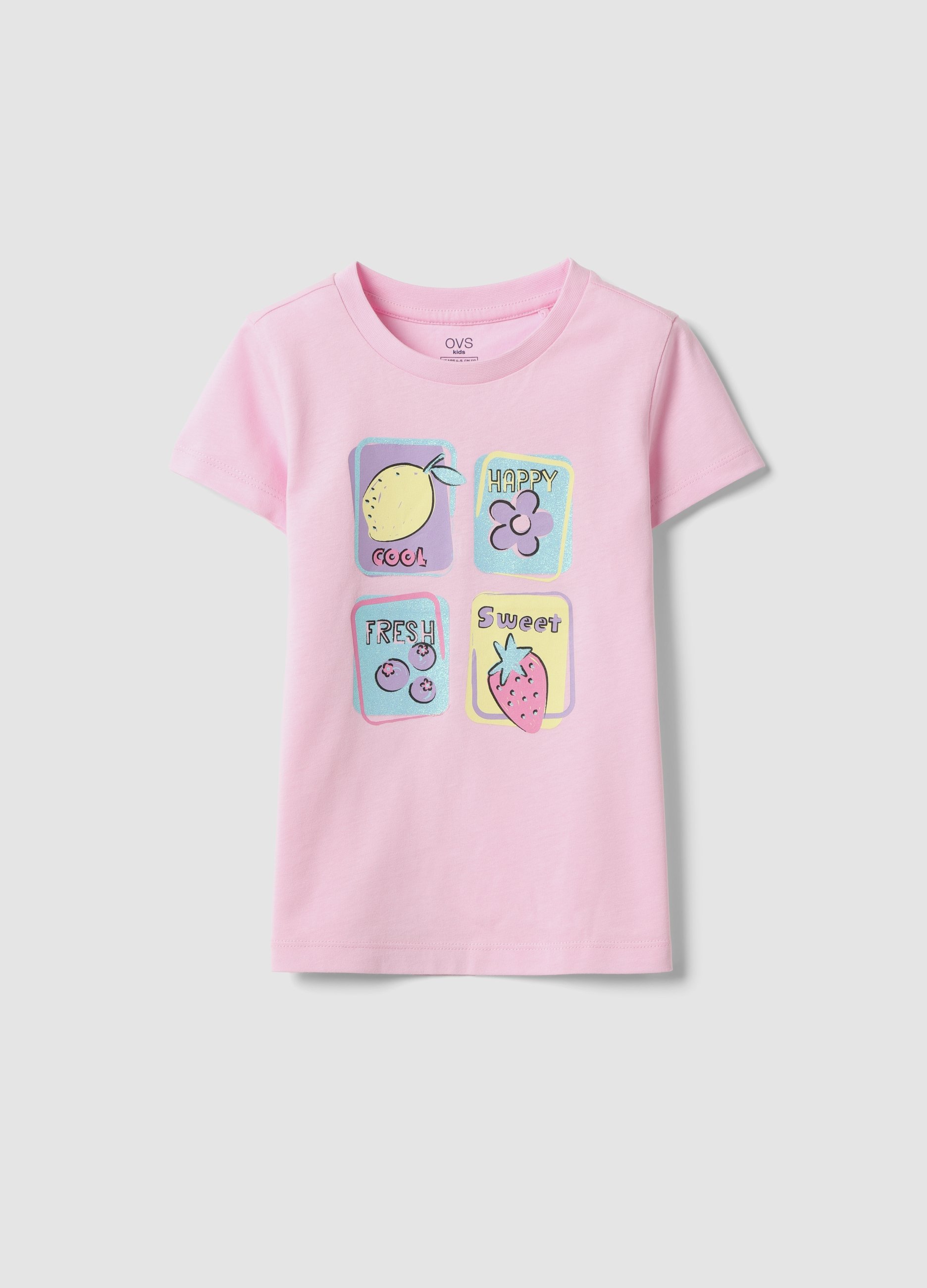 OVS KIDS, Camiseta Rosa De Niña, Ajuste Regular En Puro Algodón Con Frutas, Niña, Rosa pastel, Talla: 9-10