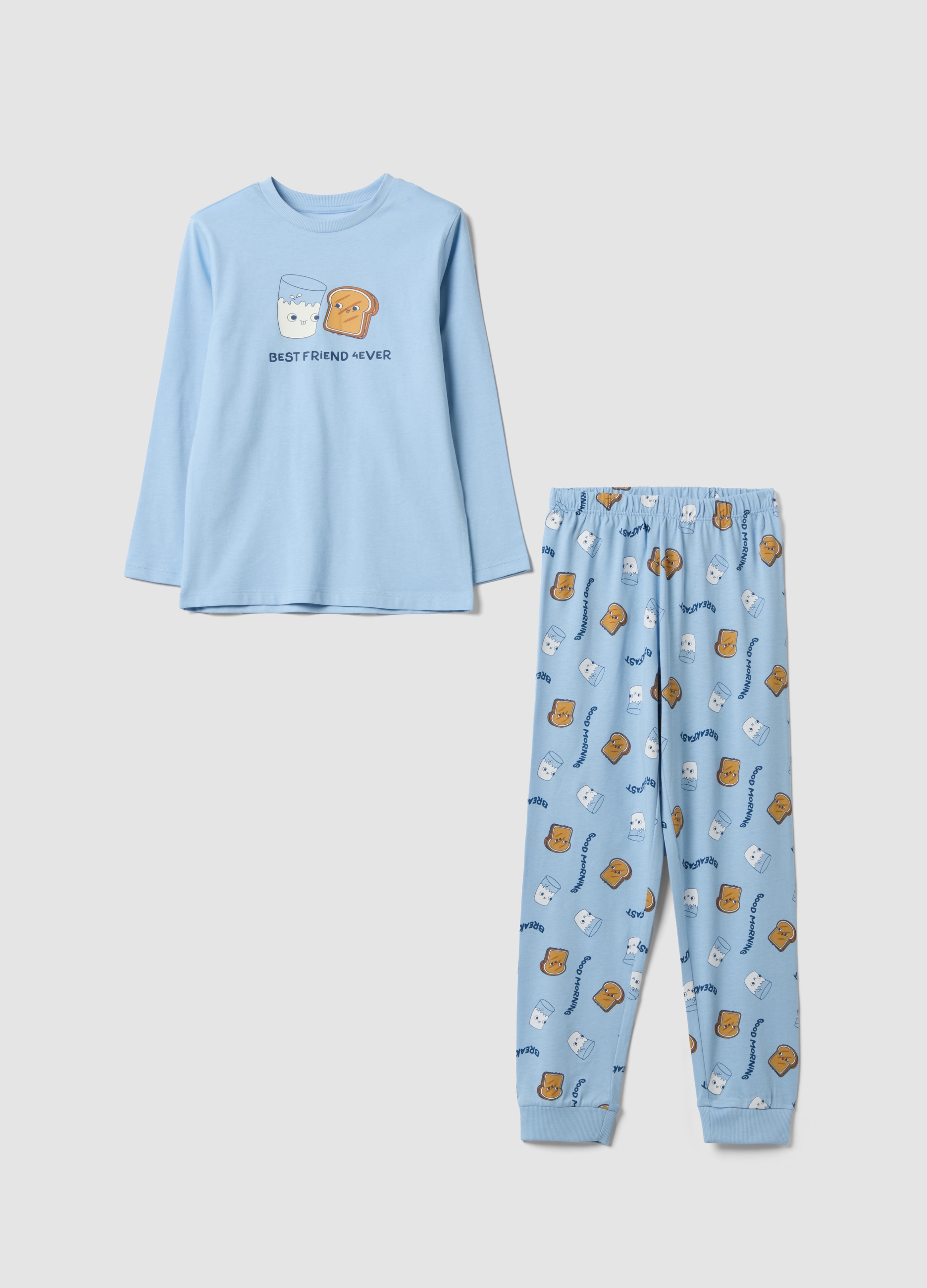 OVS KIDS, Pigiama Azzurro In Puro Cotone Organico Con Stampa "best Friend 4 Ever", Bambino, Azzurro, Taglia: 9-10