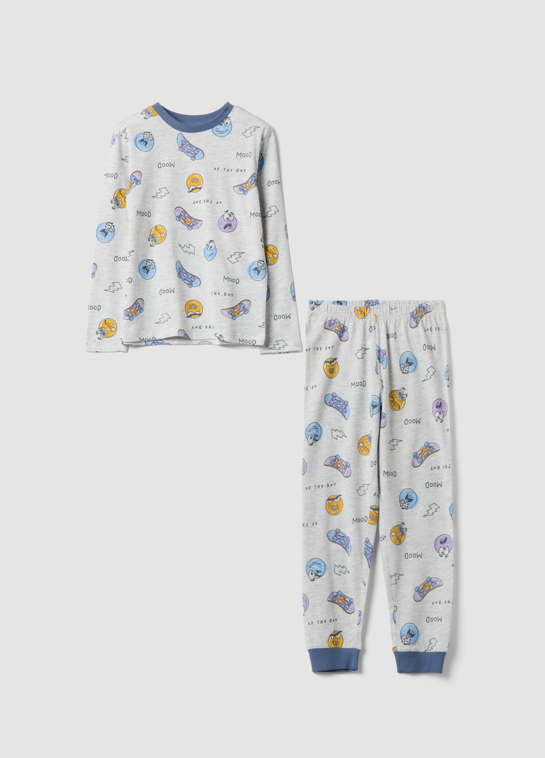OVS KIDS, Pigiama Grigio In Cotone Jersey Organico Con Stampa All Over Per Bambino E Ragazzo, Grigio, Taglia: 8-9