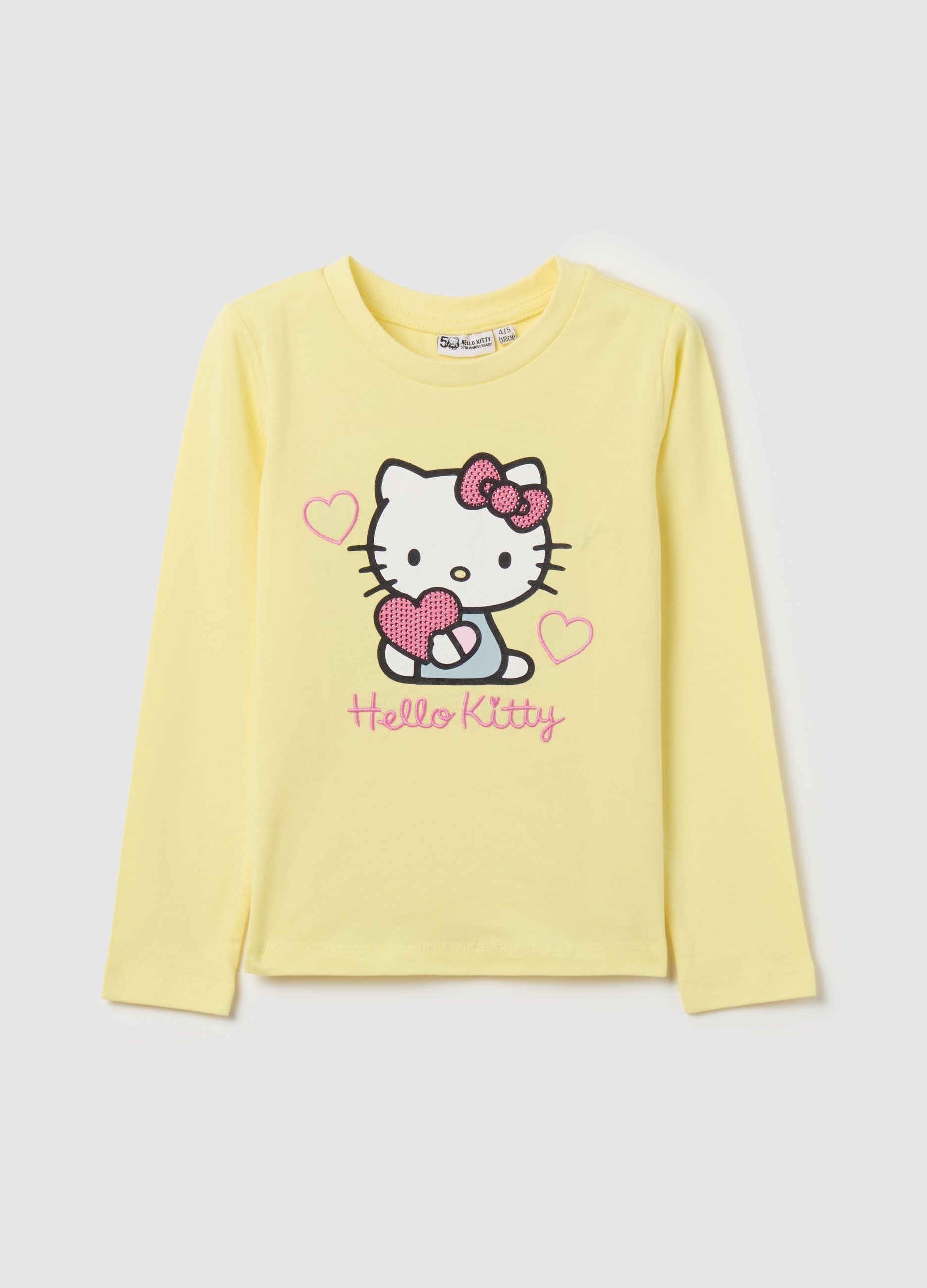 OVS KIDS, T-shirt Maniche Lunghe Hello Kitty Con Strass, Bambina, Giallo, Taglia: 3-4