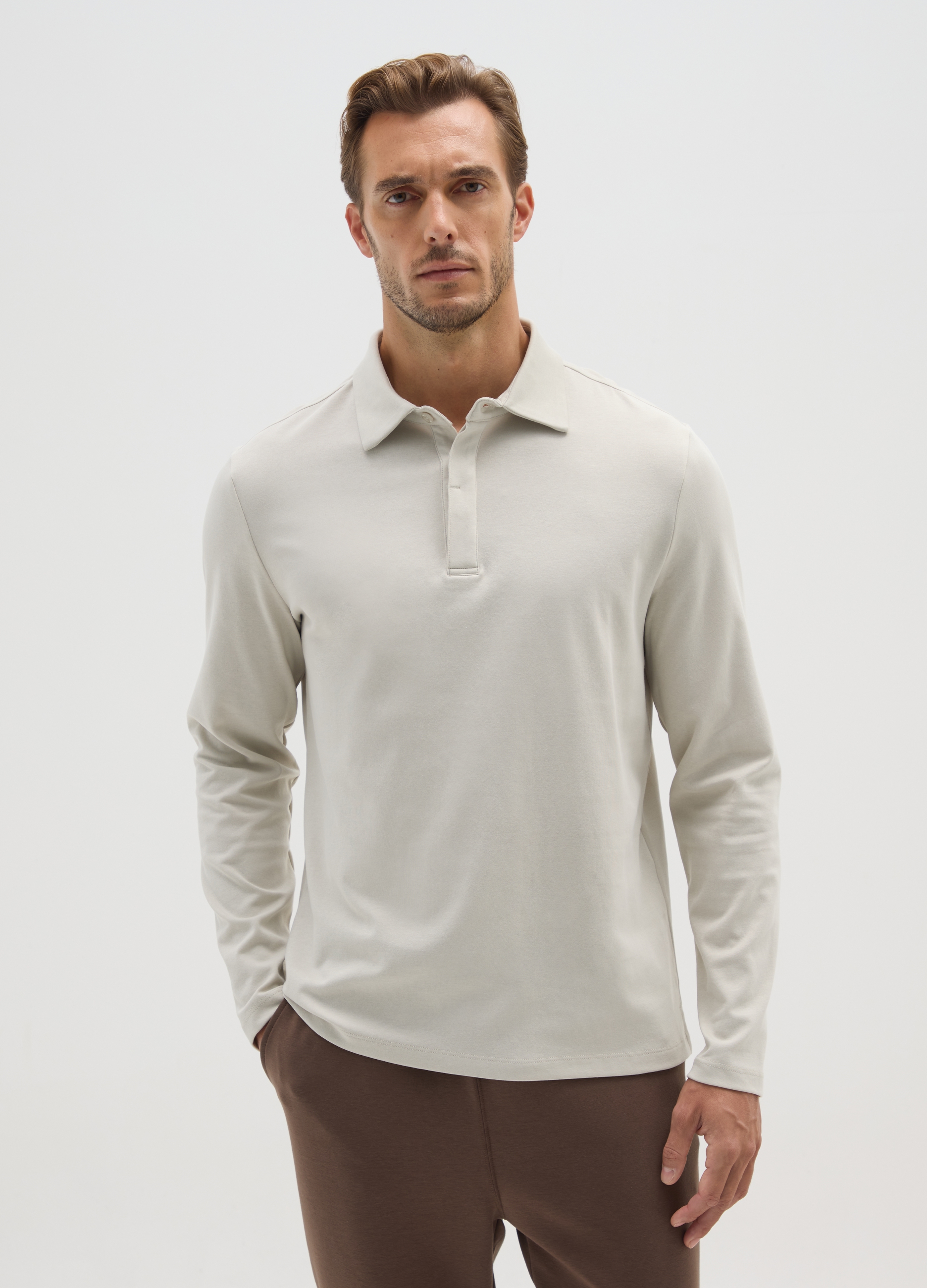 Polo Beige De Manga Larga, Hombre, Beige Claro, Talla: XL