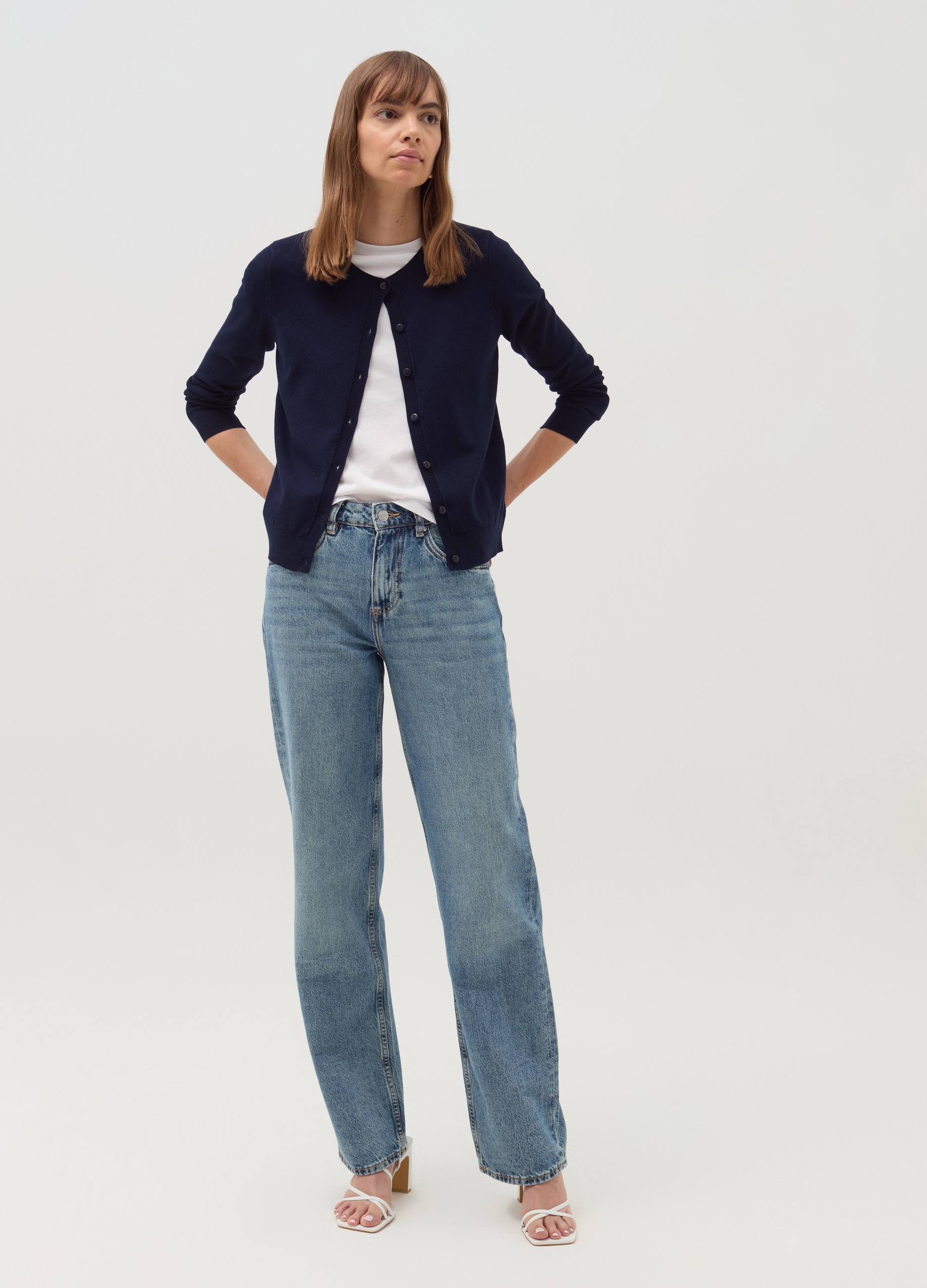 Cárdigan Color Liso Con Cuello Redondo, Mujer, Azul Noche, Talla: 40