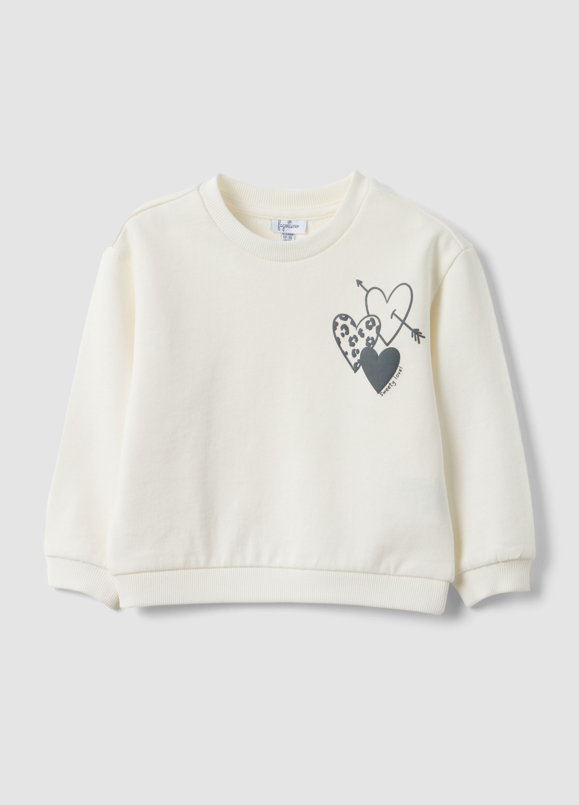 FAGOTTINO, Felpa Over Fit Bianca In Puro Cotone Con Stampa Cuori Per Bimba, Bambina, Bianco, Taglia: 12-18