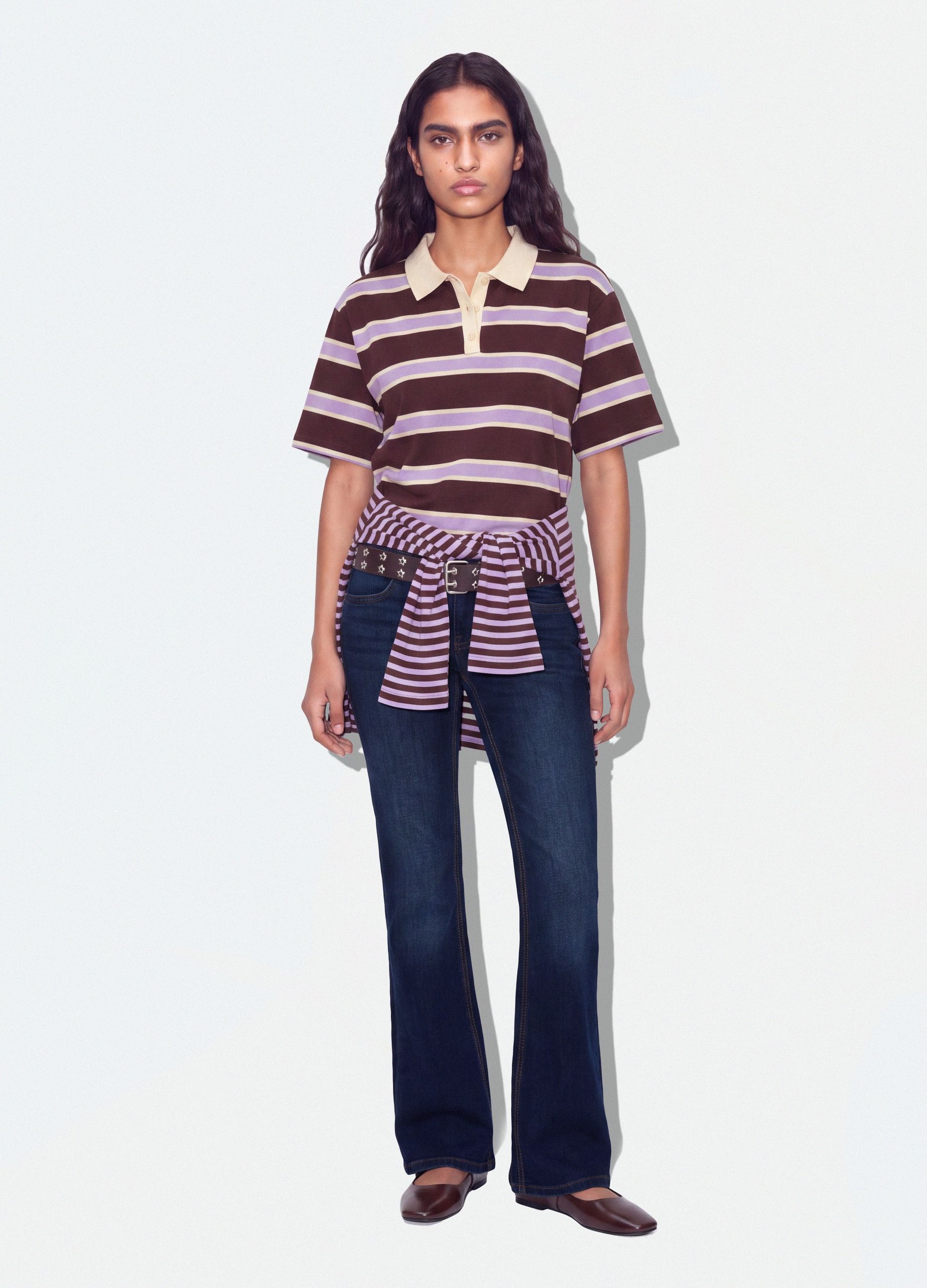 B.ANGEL, Polo Marrone In Puro Cotone A Righe Over Fit, Donna, Multicolor, Taglia: L