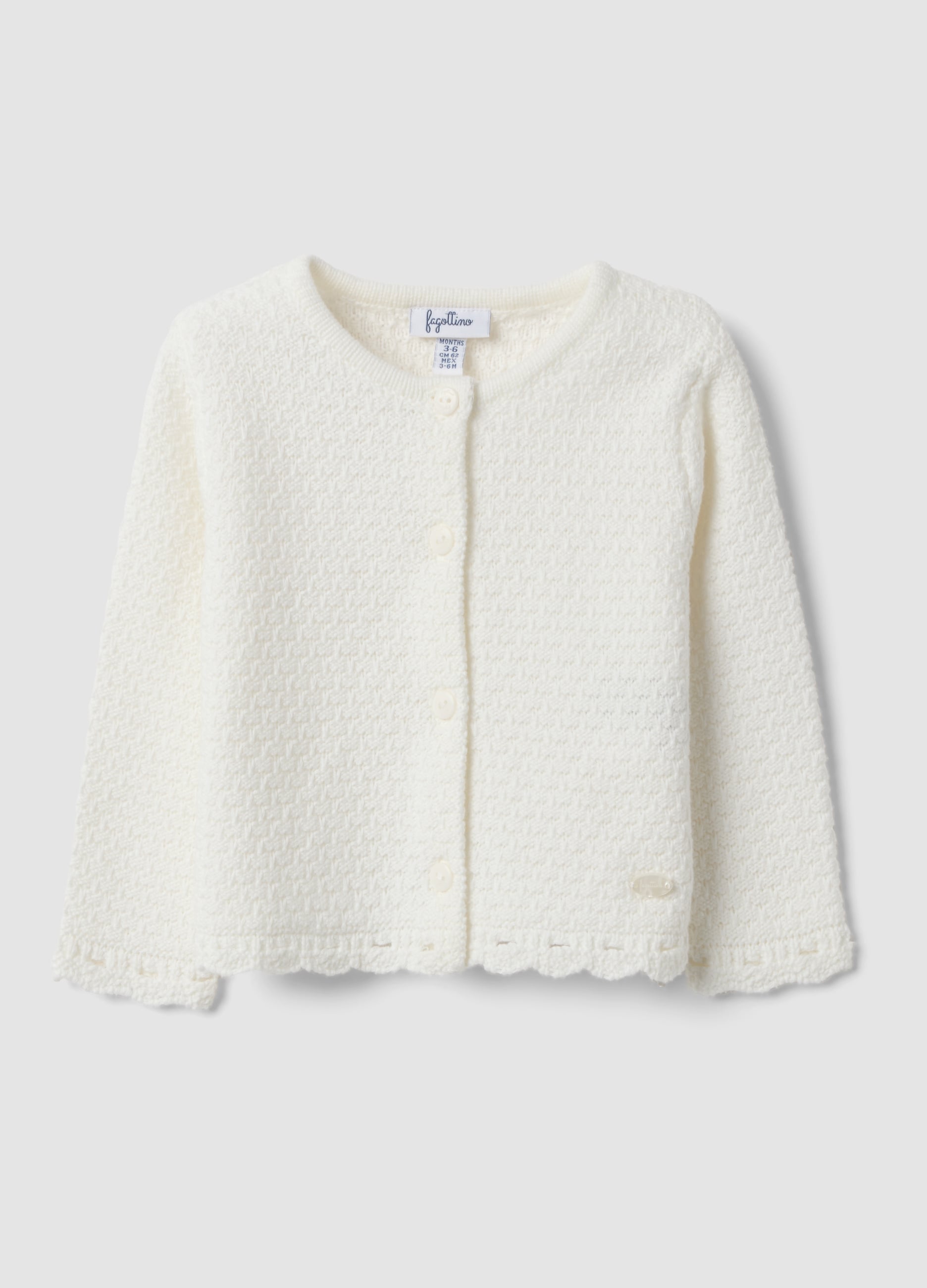 FAGOTTINO, Cardigan Bianco In Puro Cotone Organico Con Lavorazione A Maglia Per Neonata, Bianco, Taglia: 6-9