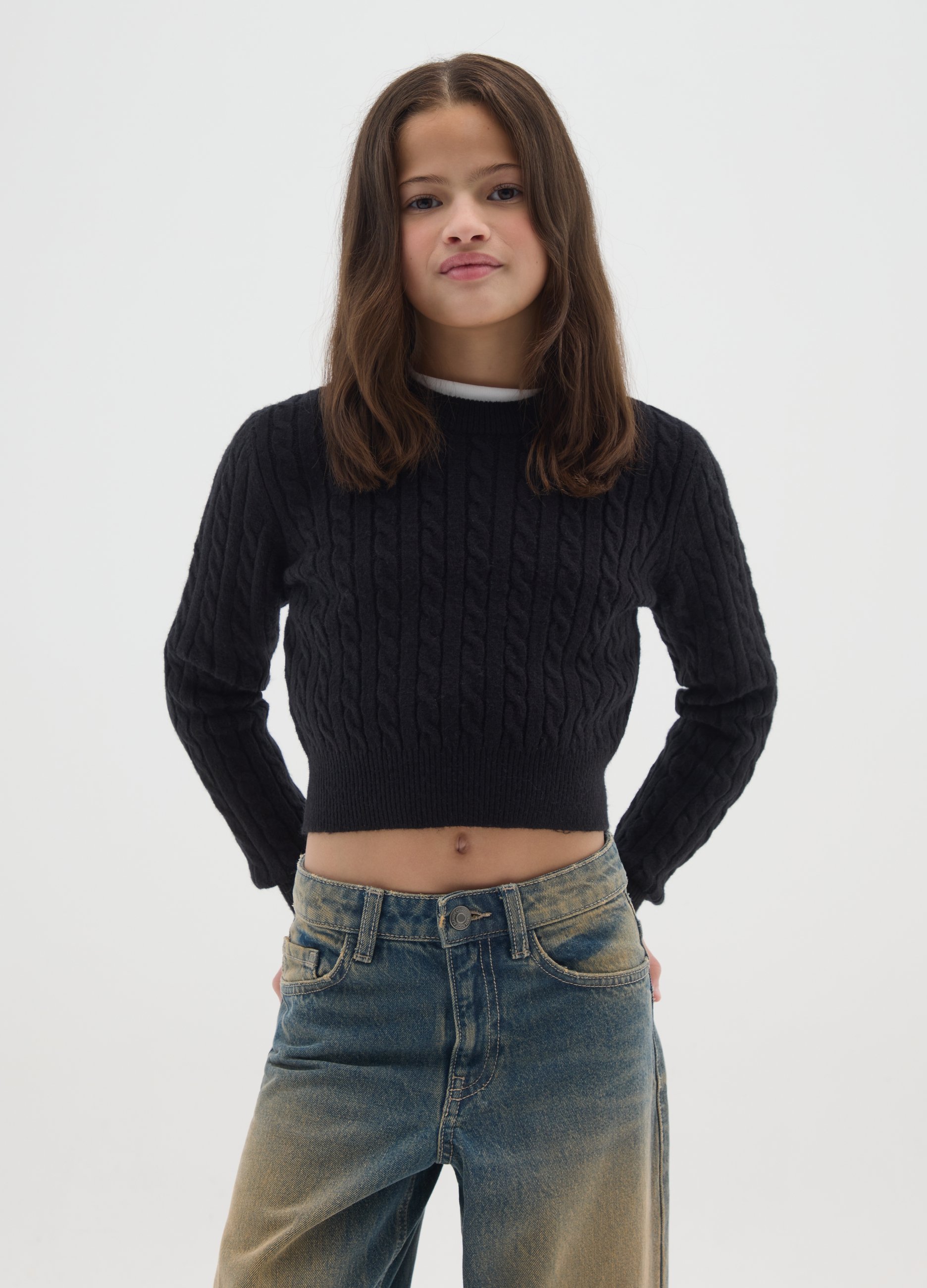 OVS KIDS, Maglione Girocollo Nero Da Ragazza Con Motivo A Treccia Regular Fit, Bambina, Nero, Taglia: 12-13