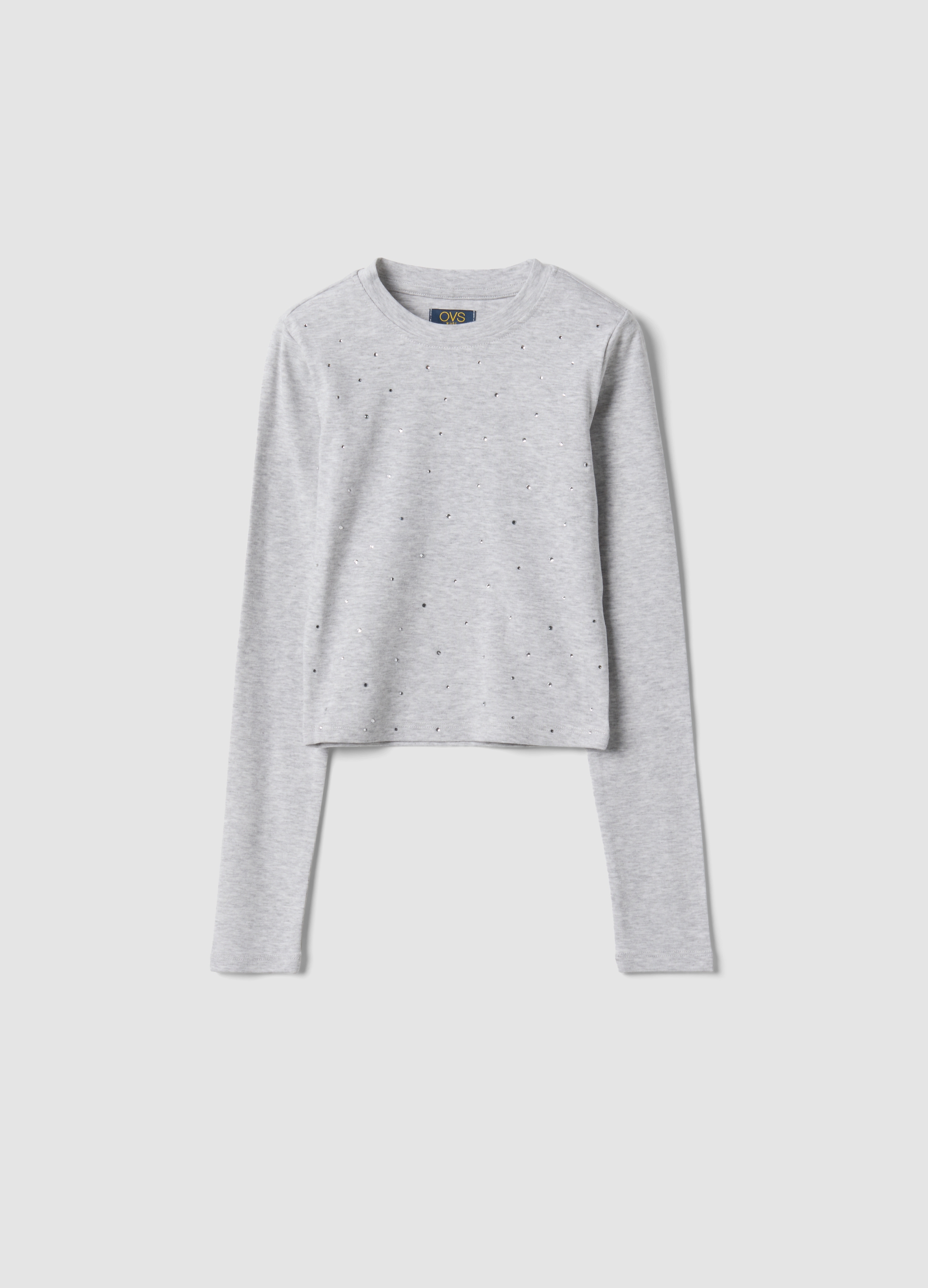 OVS KIDS, T-shirt Grigia In Cotone Organico E Viscosa Elasticizzata Con Strass, Bambina, Grigio, Taglia: 10-11