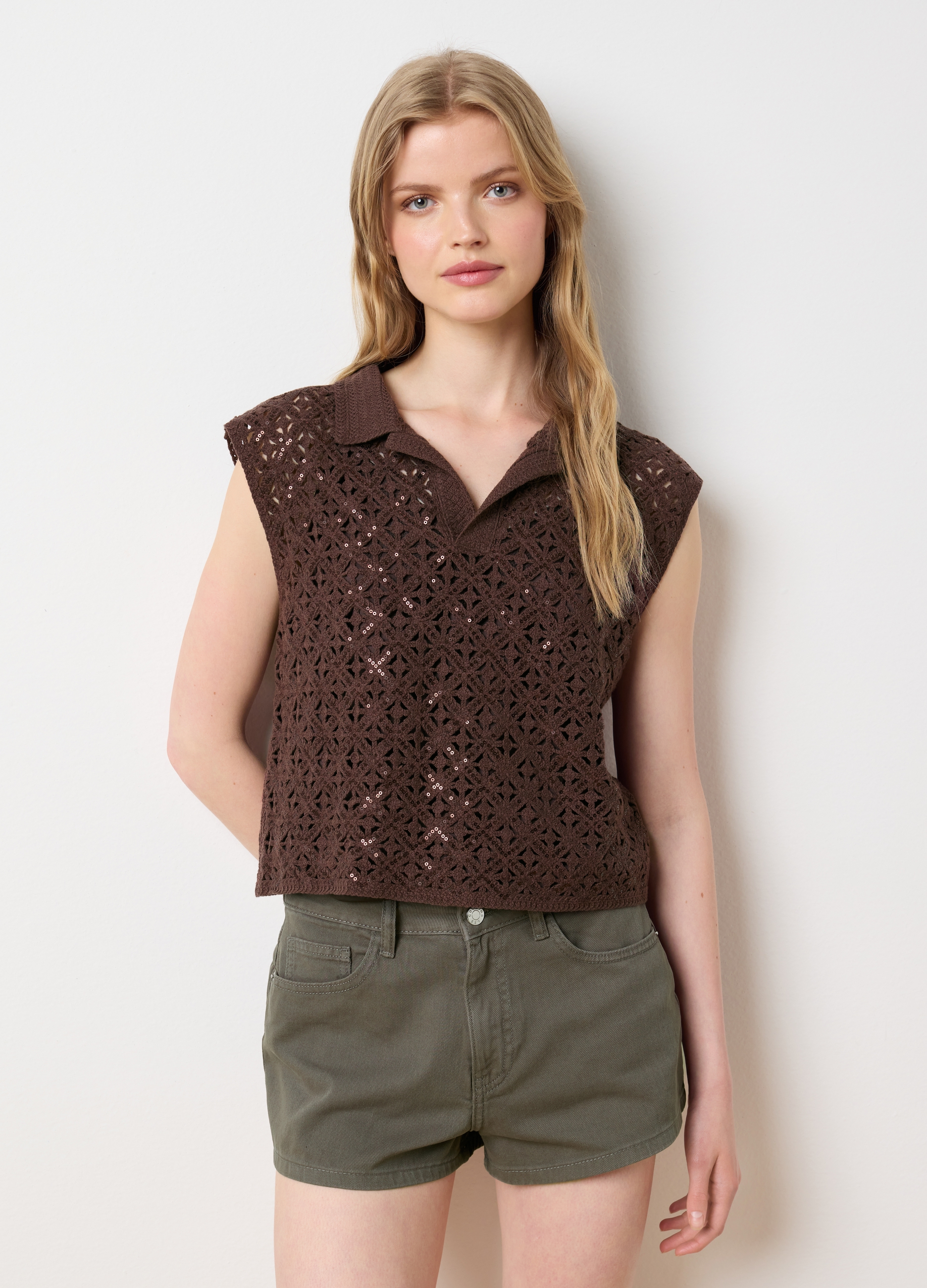 OVS, Top Da Donna In Misto Cotone Marrone Fitted Con Paillettes, Marrone, Taglia: S