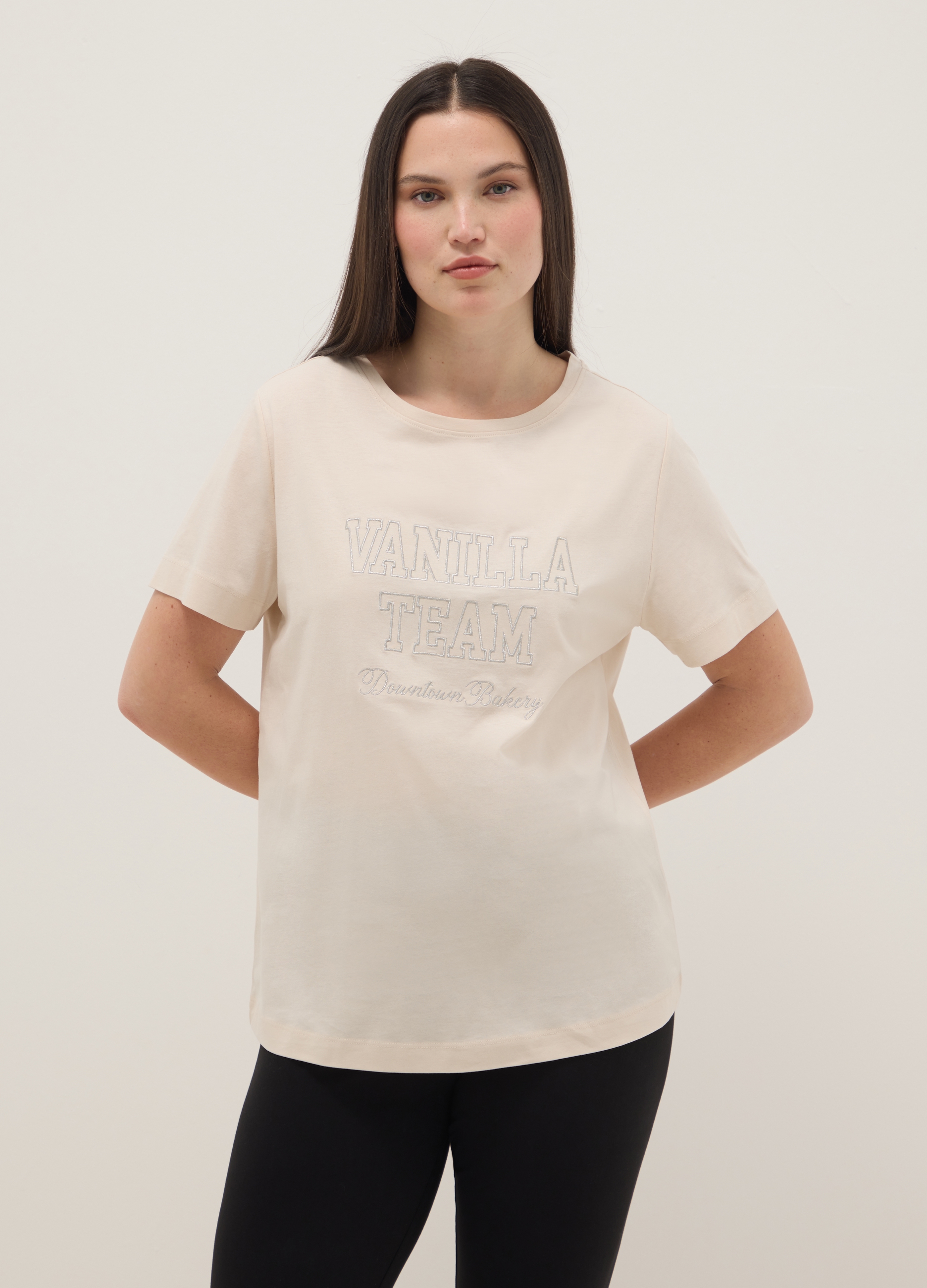 Camiseta Beige De Algodón Puro Ajustada Con Estampado, Mujer, Beige Jaspeado, Talla: M